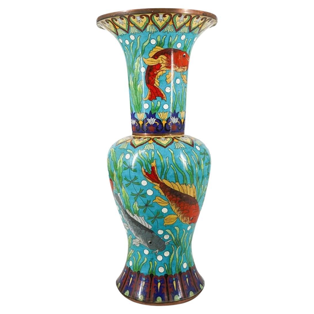 Chinese Turquoise Cloisonne Enamel Vase with Koi Fish Design For Sale