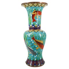 Antique Chinese Turquoise Cloisonne Enamel Vase with Koi Fish Design