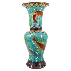 Chinese Turquoise Cloisonne Enamel Vase with Koi Fish Design