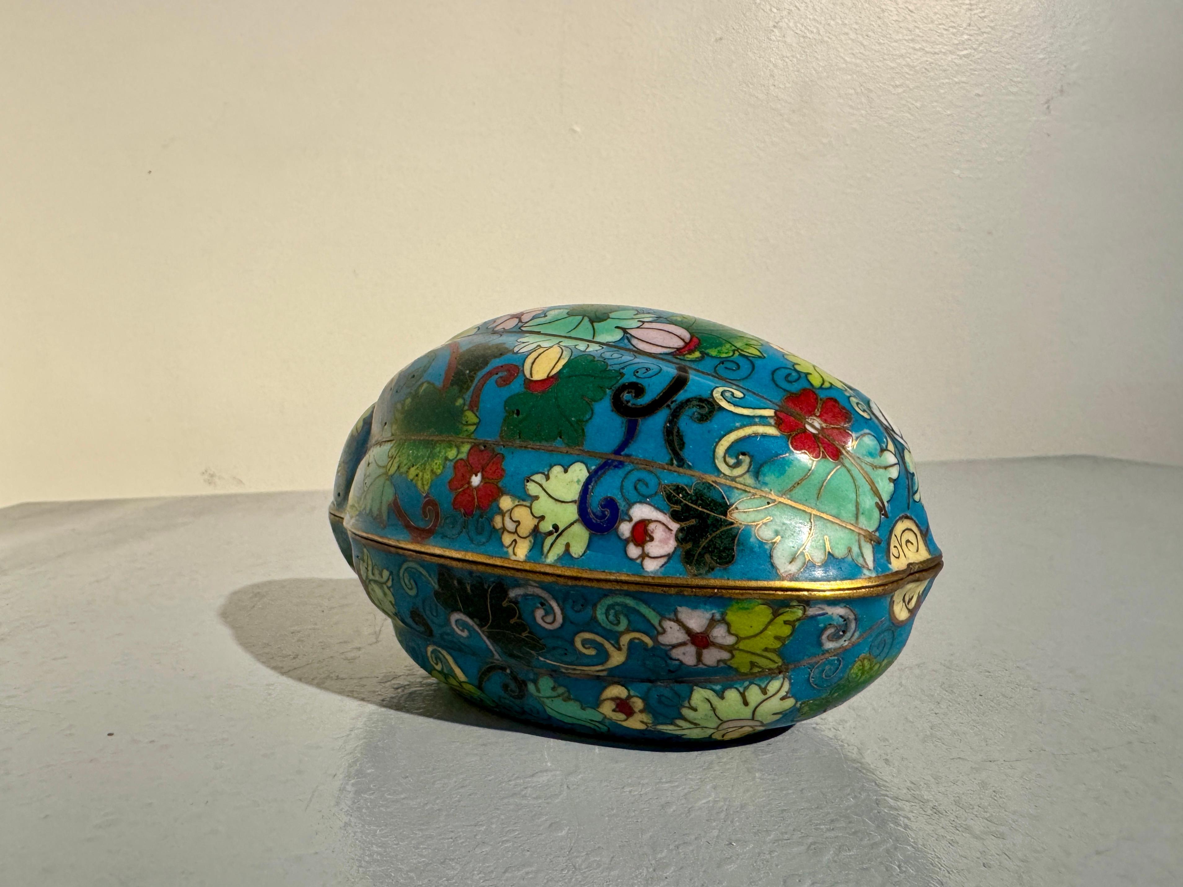 Cloissoné Chinese Turquoise Cloisonne Melon Form Box, Republic Period, China For Sale