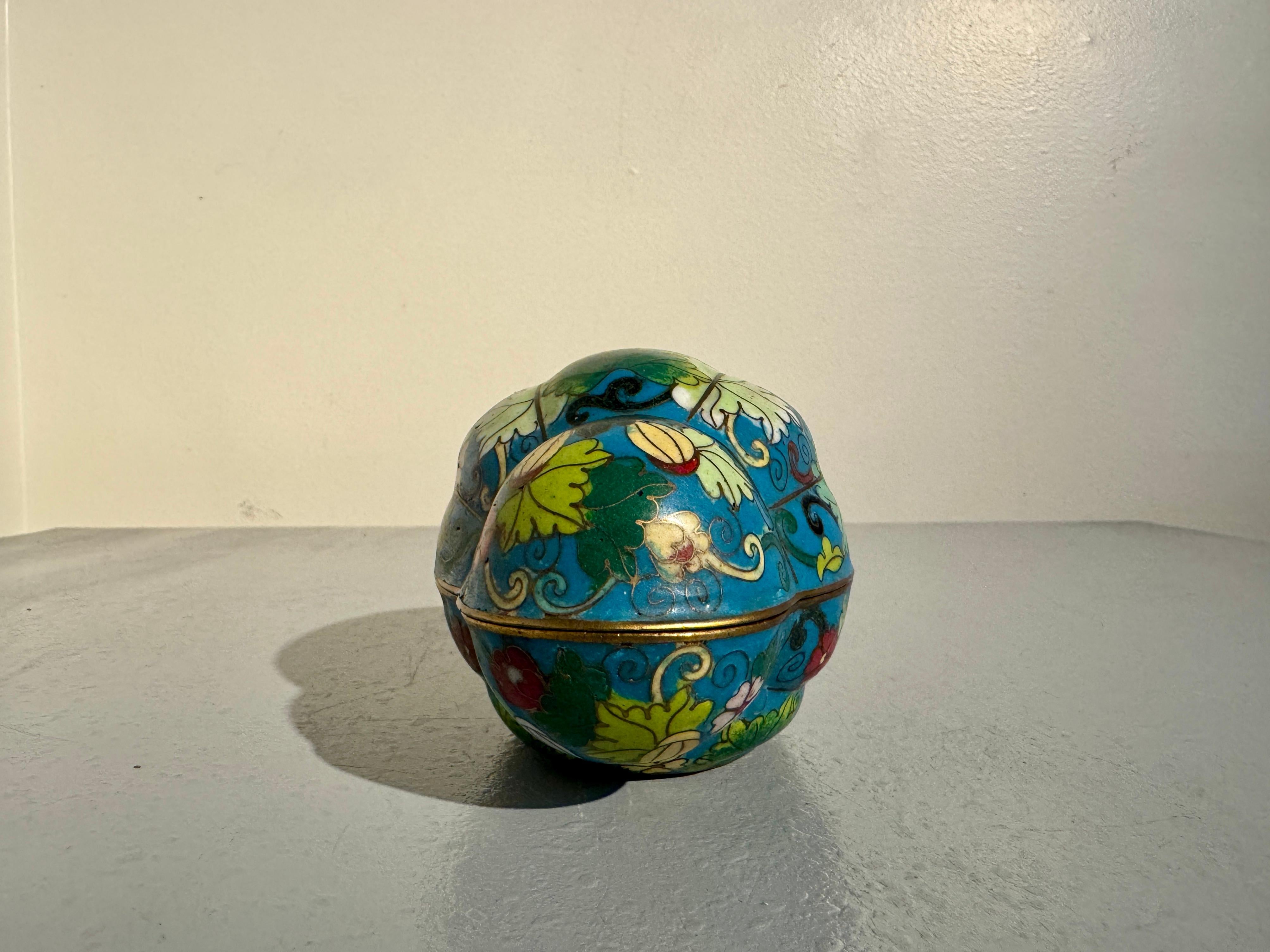 Copper Chinese Turquoise Cloisonne Melon Form Box, Republic Period, China For Sale