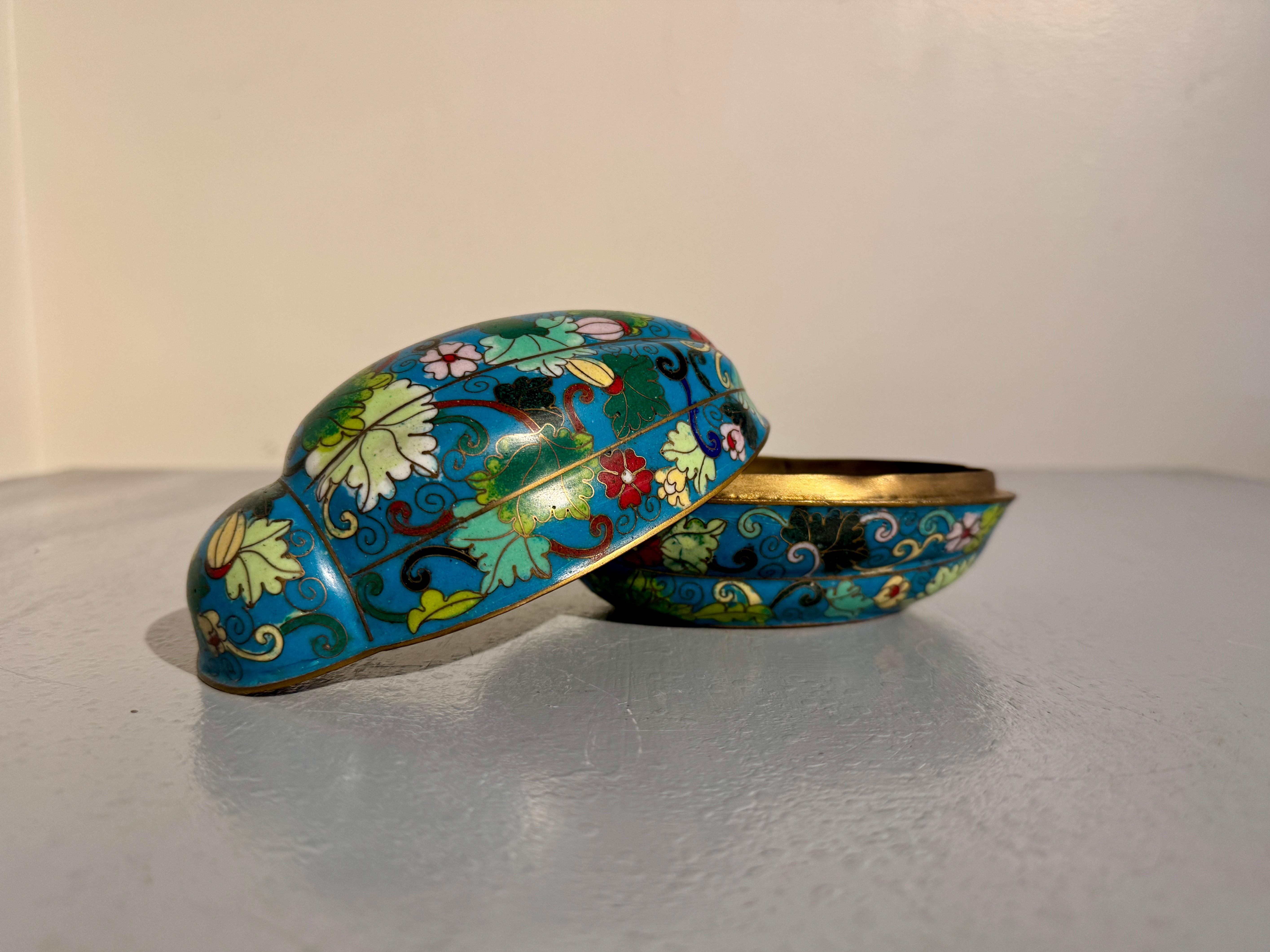 Chinese Turquoise Cloisonne Melon Form Box, Republic Period, China For Sale 1