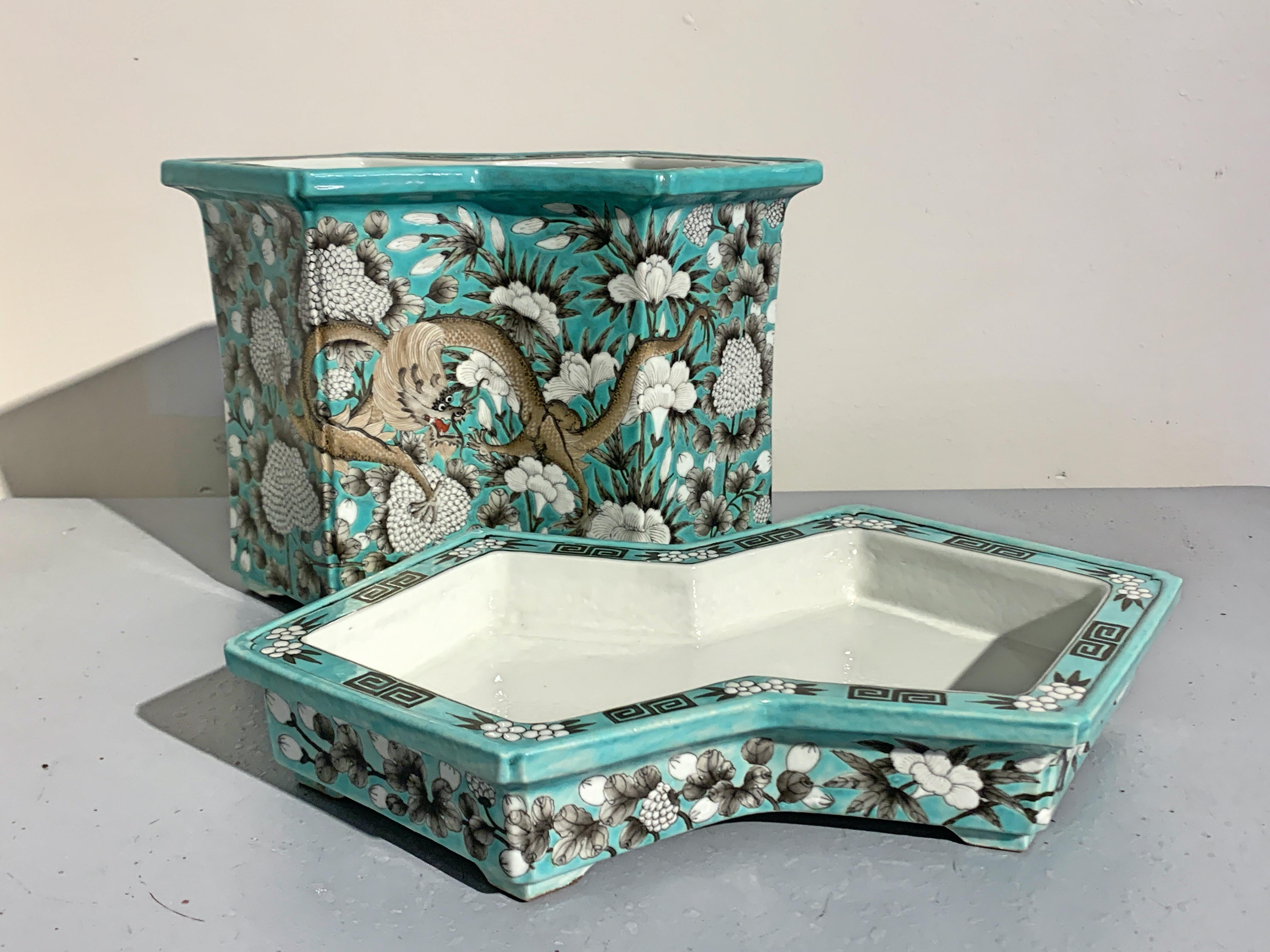 Asian Chinese Turquoise Dayazhai Style Double Lozenge Jardiniere, Mid-20th Century For Sale