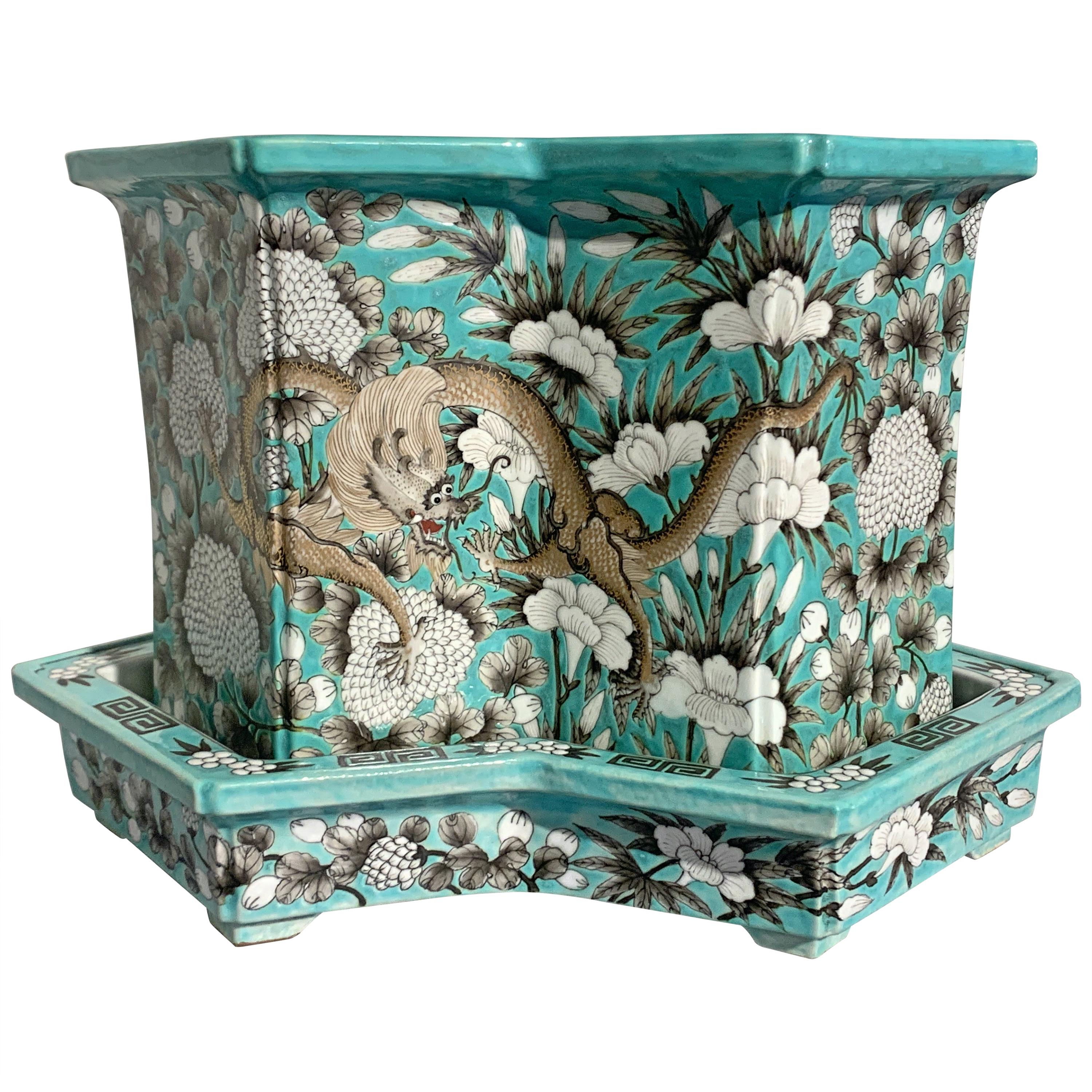 Chinese Turquoise Dayazhai Style Double Lozenge Jardiniere, Mid-20th Century For Sale