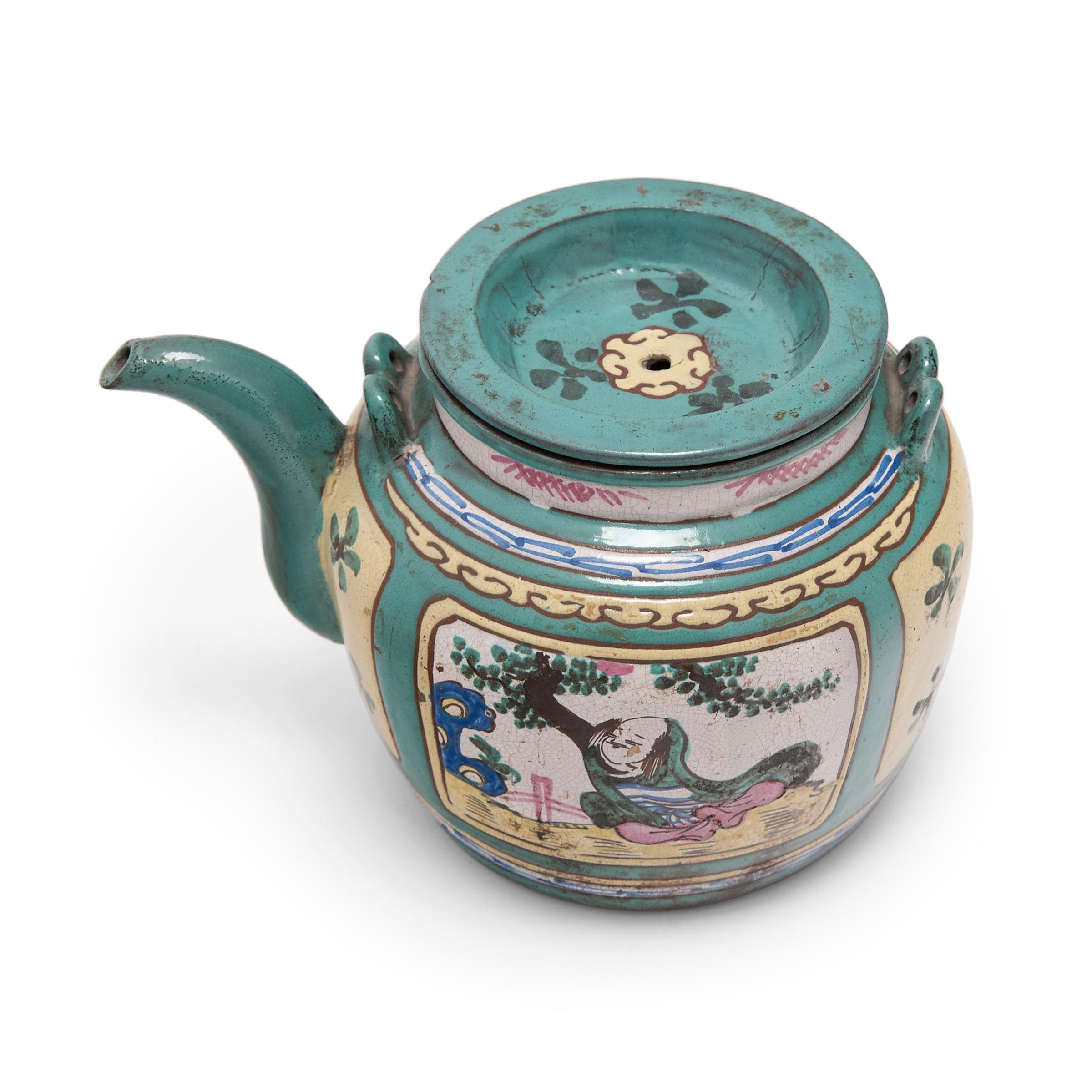 Enameled Chinese Turquoise Enamelware Teapot, c. 1900 For Sale