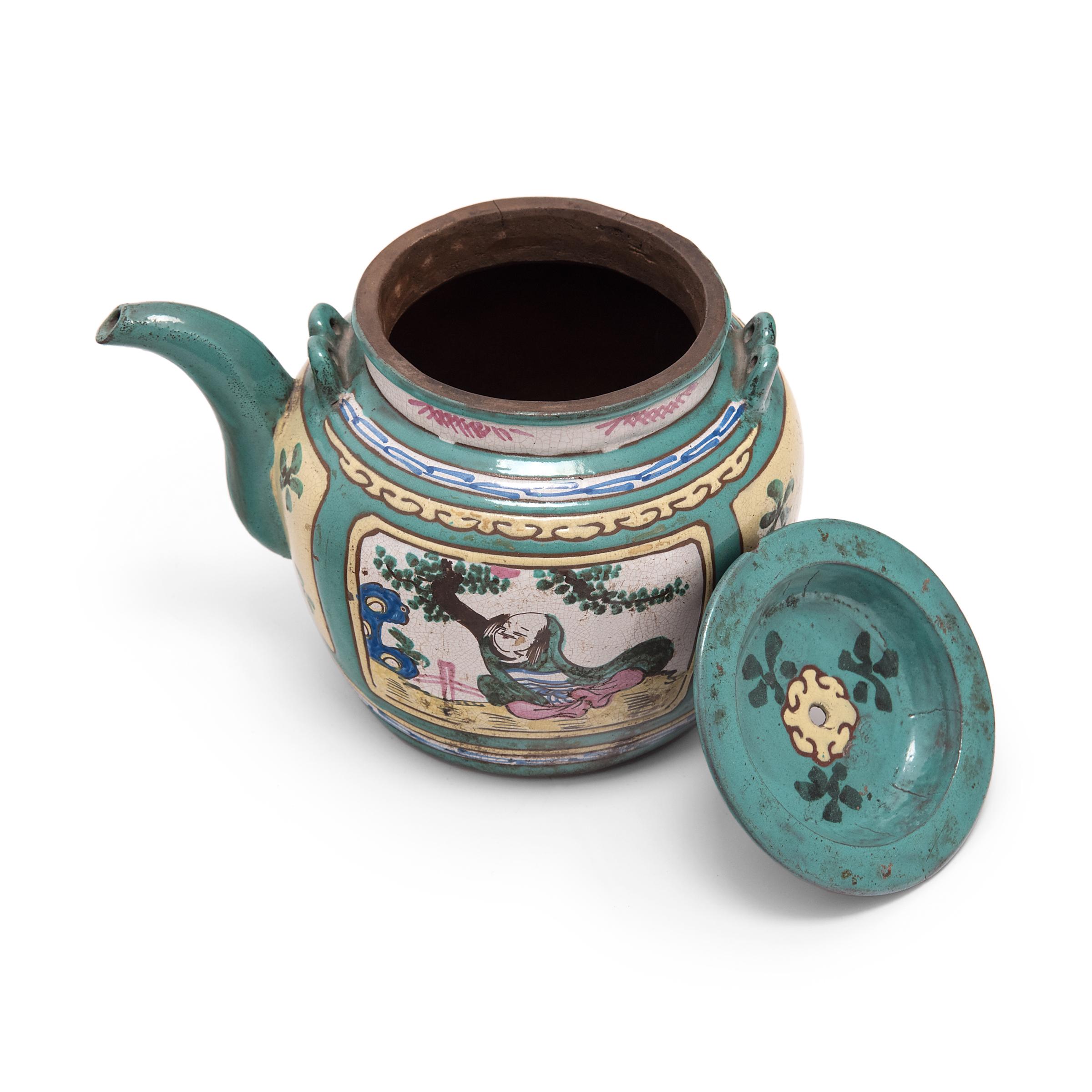 Chinese Turquoise Enamelware Teapot, c. 1900 In Good Condition For Sale In Chicago, IL