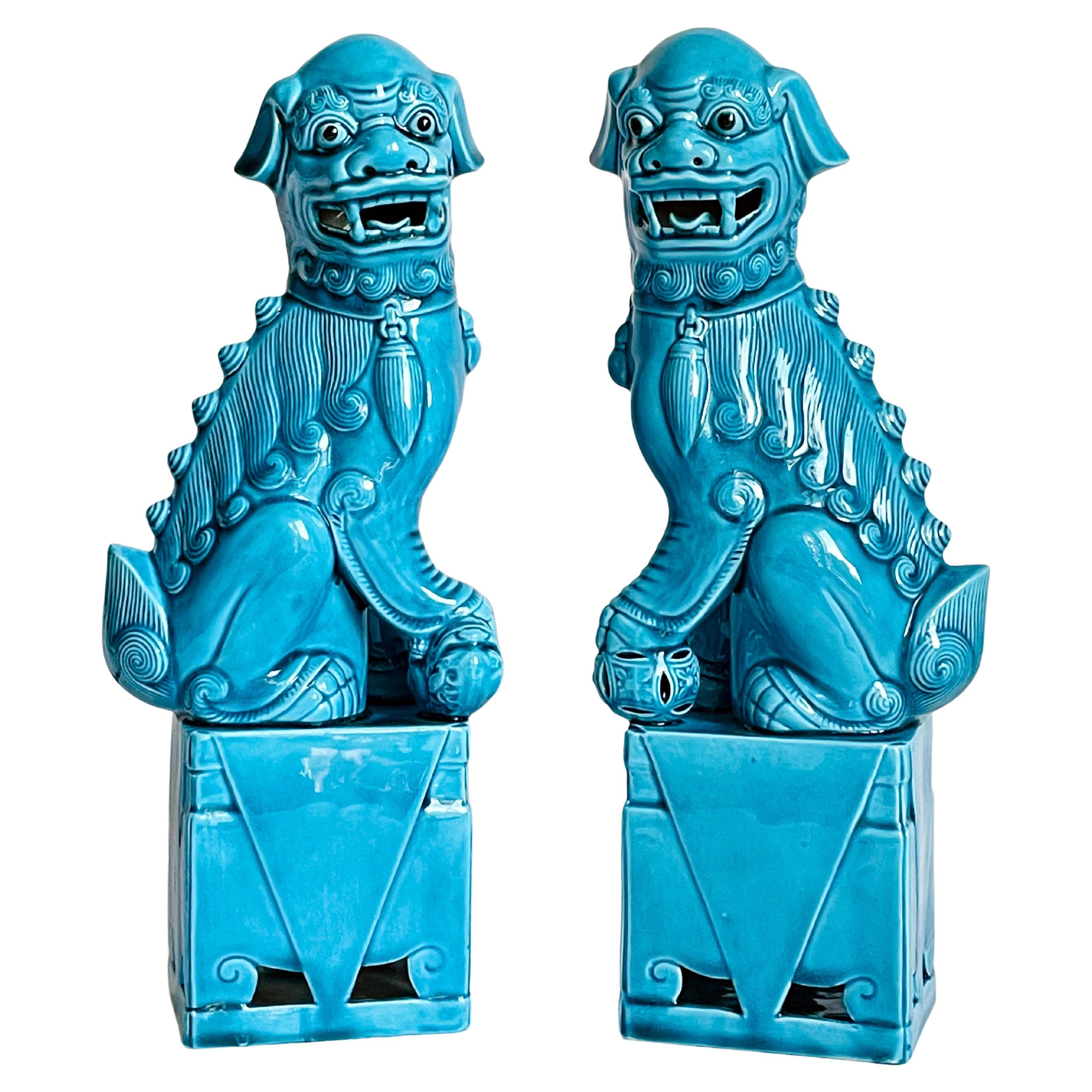 Chinese Turquoise Glazed Porcelain Mounted Foo Dogs / Lions