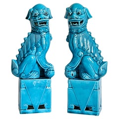 Vintage Chinese Turquoise Glazed Porcelain Mounted Foo Dogs / Lions