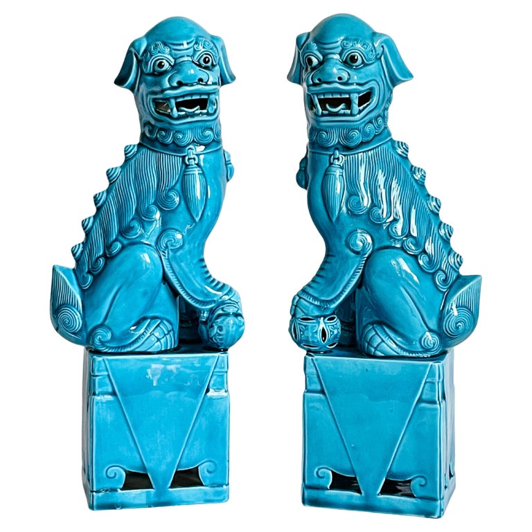 Chinese Turquoise Glazed Porcelain Mounted Foo Dogs / Lions For Sale