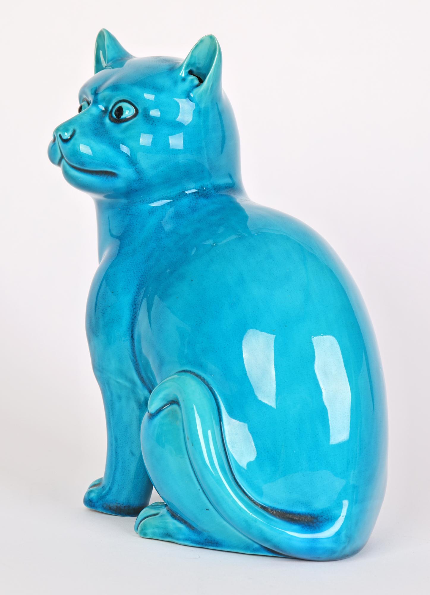 Chinese Export Chinese Turquoise Glazed Porcelain Seated Cat Figure   