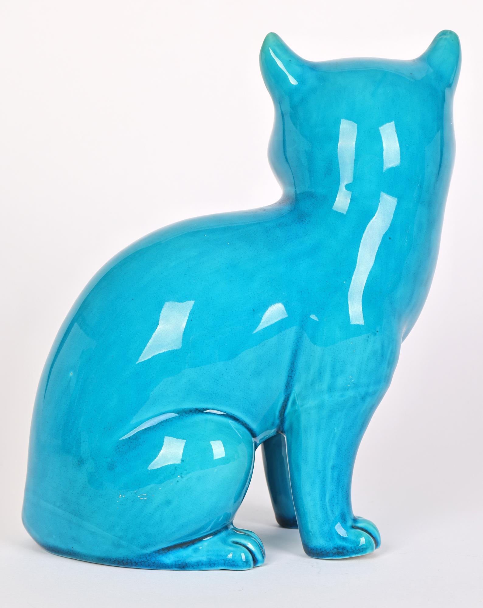 Early 20th Century Chinese Turquoise Glazed Porcelain Seated Cat Figure   