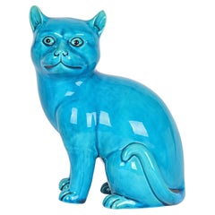 Antique Chinese Turquoise Glazed Porcelain Seated Cat Figure   