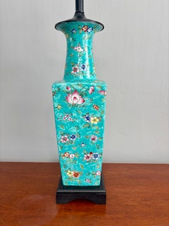 Chinese Turquoise Glazed Porcelain Vase Lamp with Hand-Painted Floral Decoration