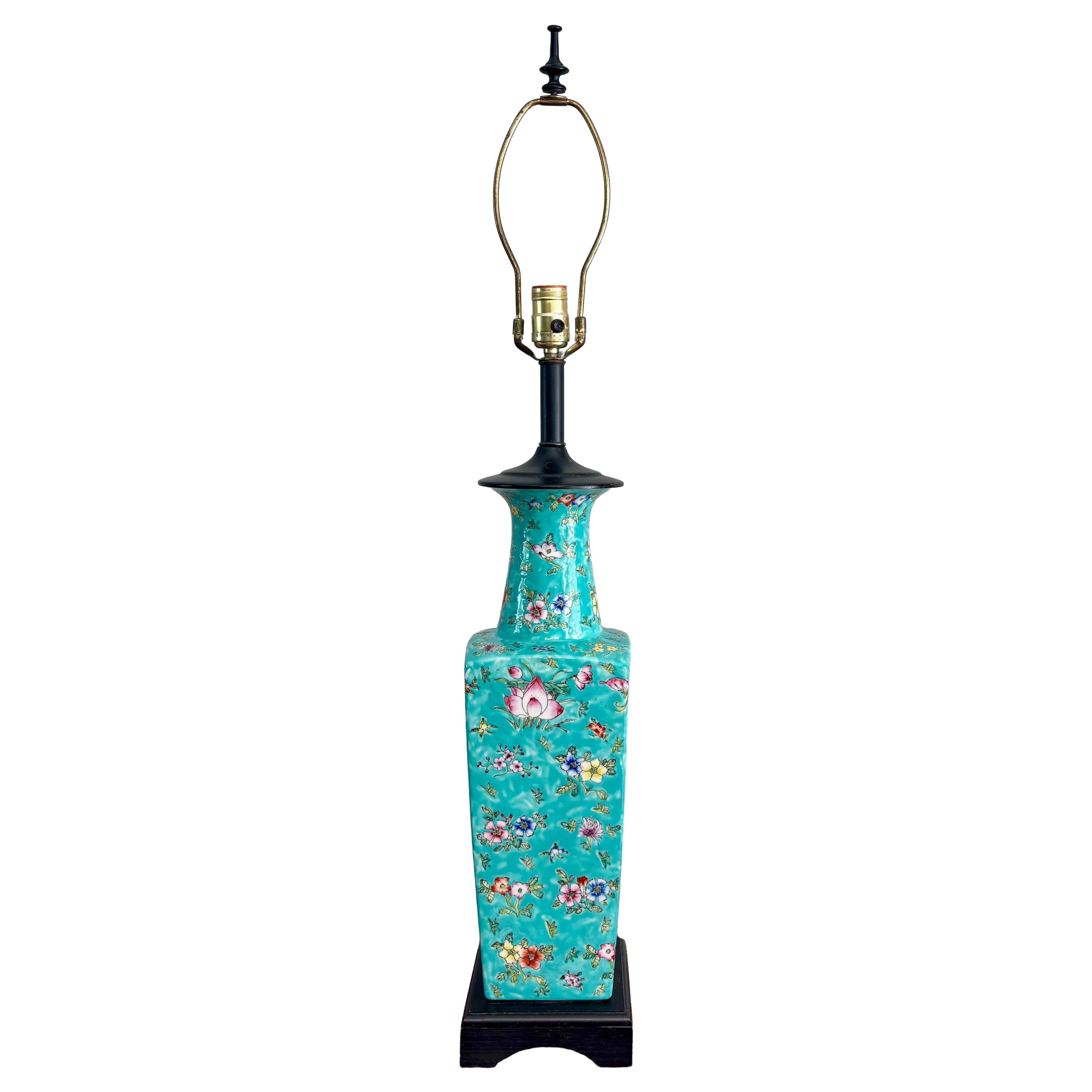Chinese Turquoise Glazed Porcelain Vase Lamp with Hand-Painted Floral Decoration For Sale