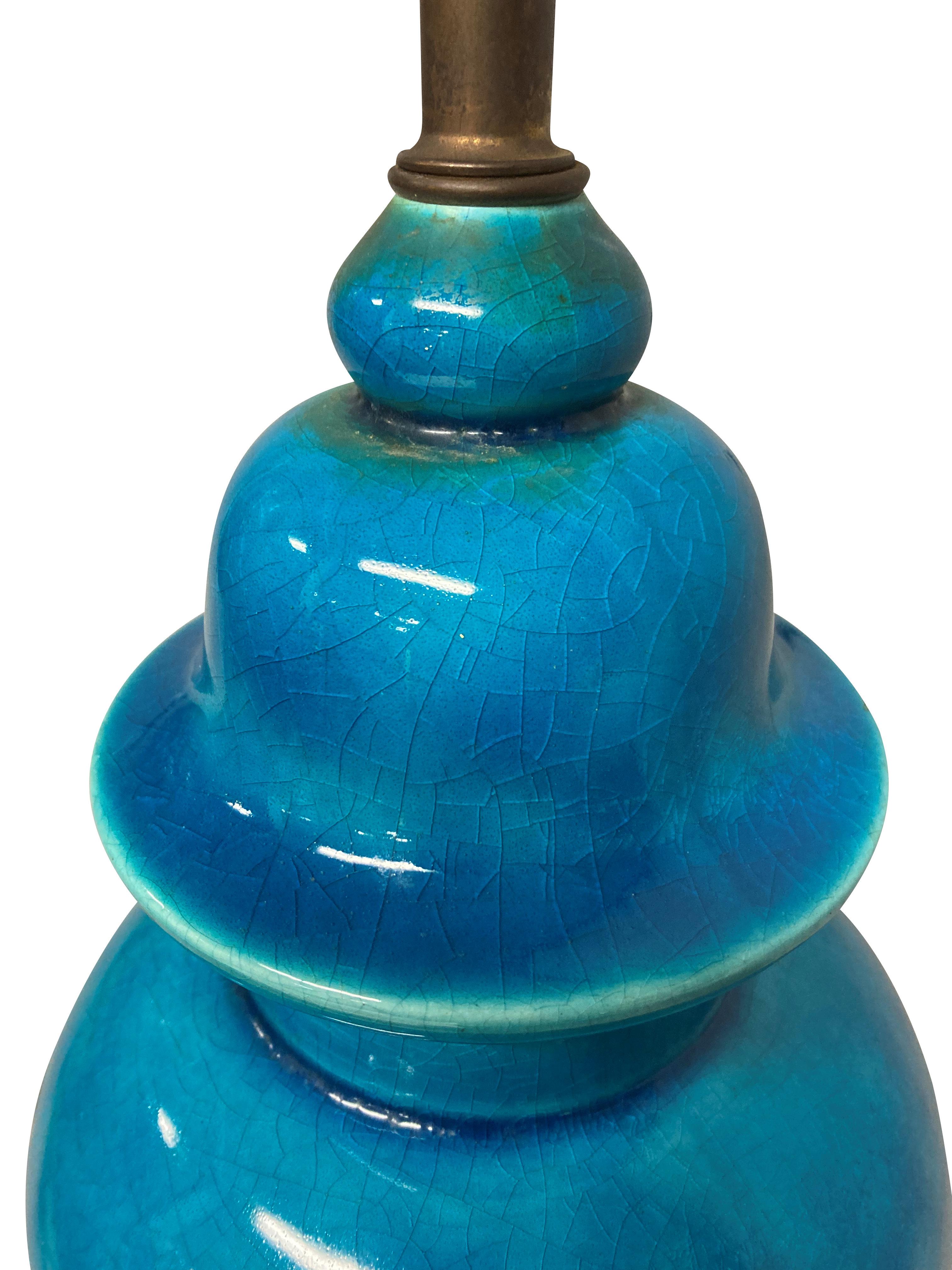 Mid-20th Century Chinese Turquoise Glazed Vase Lamp For Sale