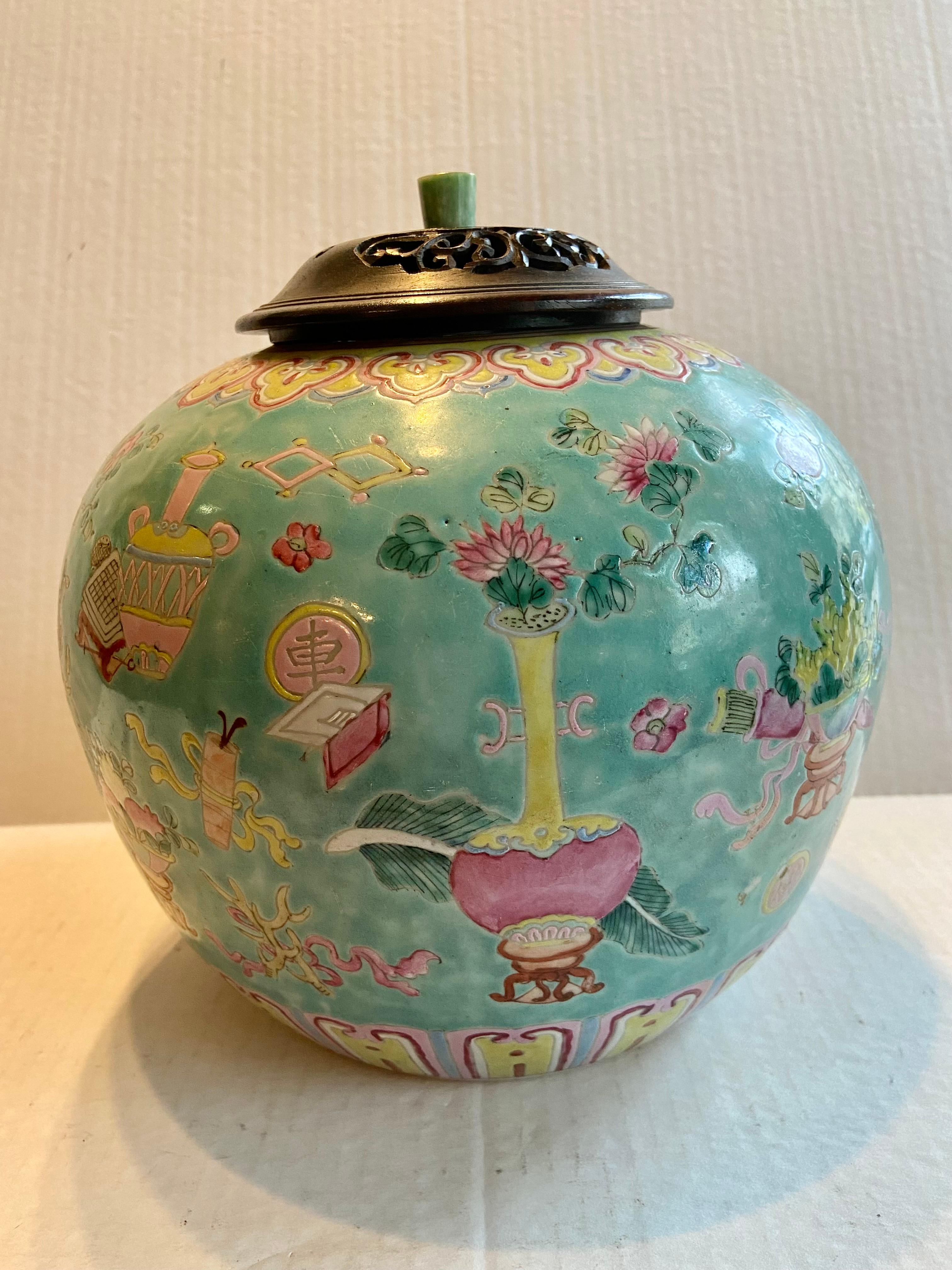 Chinese Export Chinese Turquoise Ground Turquoise Ground Famille Rose Porcelain Jar For Sale