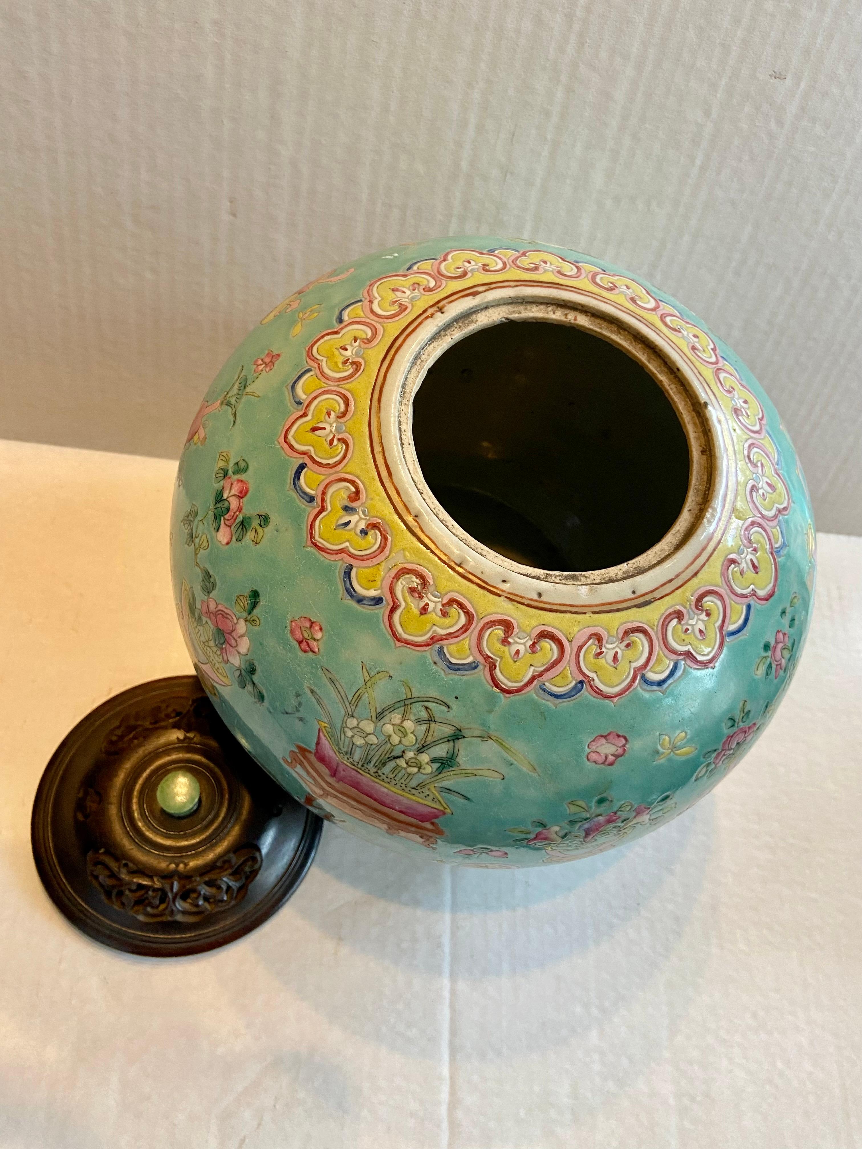 Hand-Carved Chinese Turquoise Ground Turquoise Ground Famille Rose Porcelain Jar For Sale