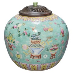 Chinese Turquoise Ground Turquoise Ground Famille Rose Porcelain Jar