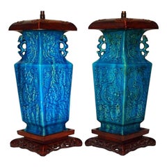 Chinese Turquoise Porcelain Lamps