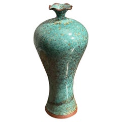 Chinese Turquoise Vase with Gold Glaze and Scalloped Design