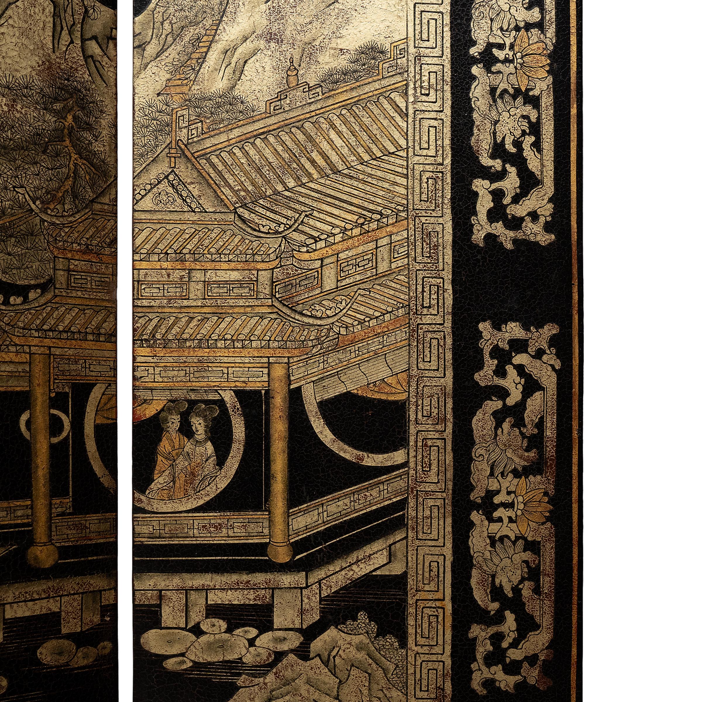 Lacquered Chinese Twelve Panel Gilt Lacquer Folding Screen, c. 1920