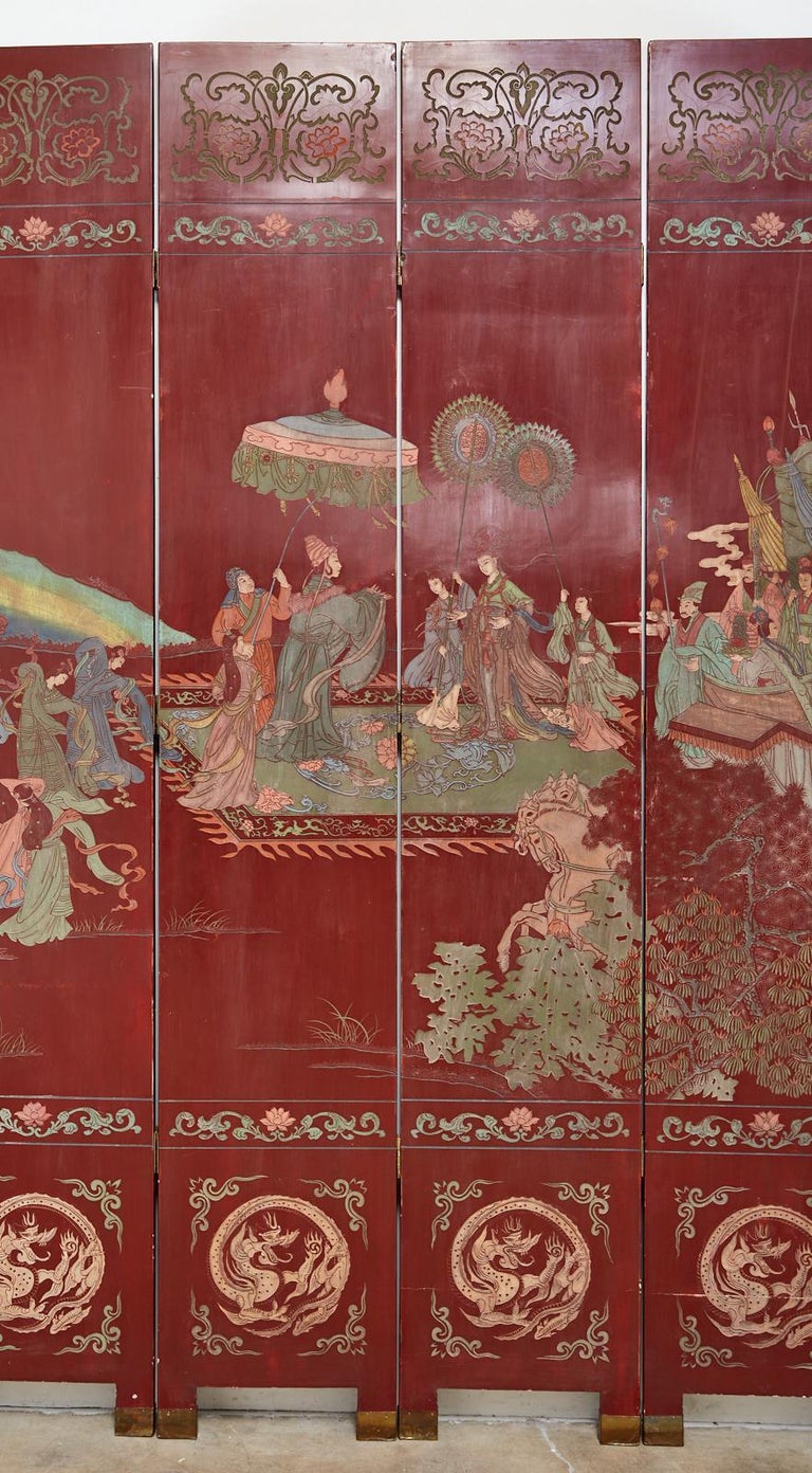 Chinese Twelve-Panel Red Lacquer Coromandel Screen of Xiwangmu For Sale 3