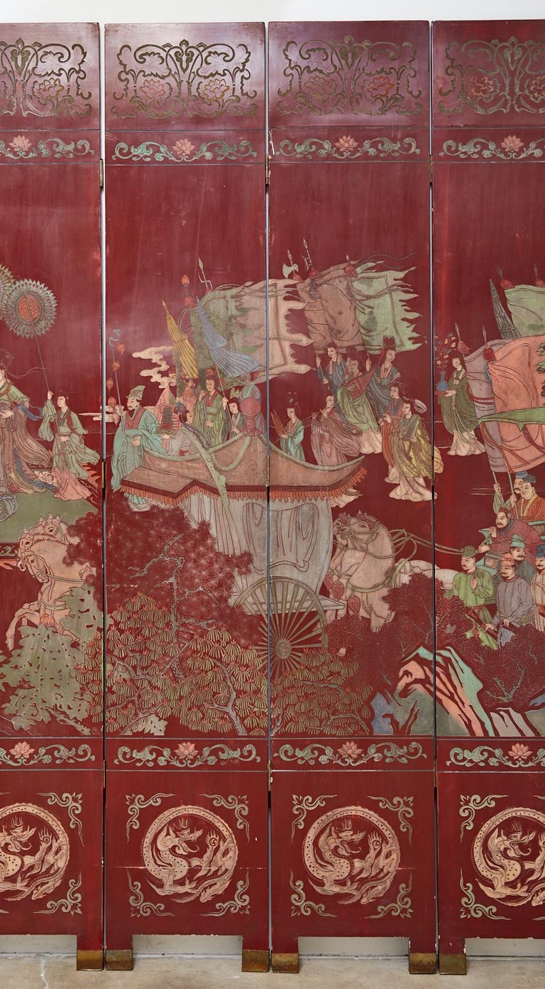 Chinese Twelve-Panel Red Lacquer Coromandel Screen of Xiwangmu For Sale 4
