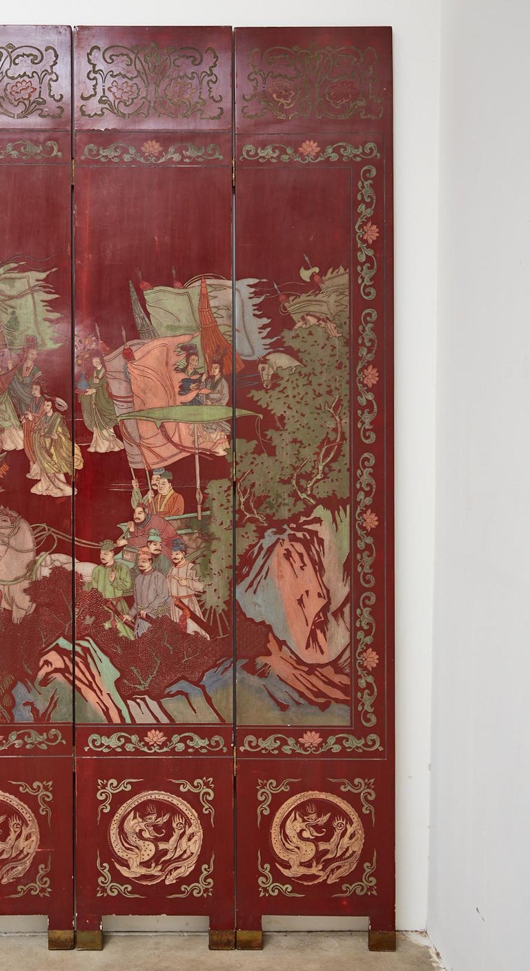Chinese Twelve-Panel Red Lacquer Coromandel Screen of Xiwangmu For Sale 5