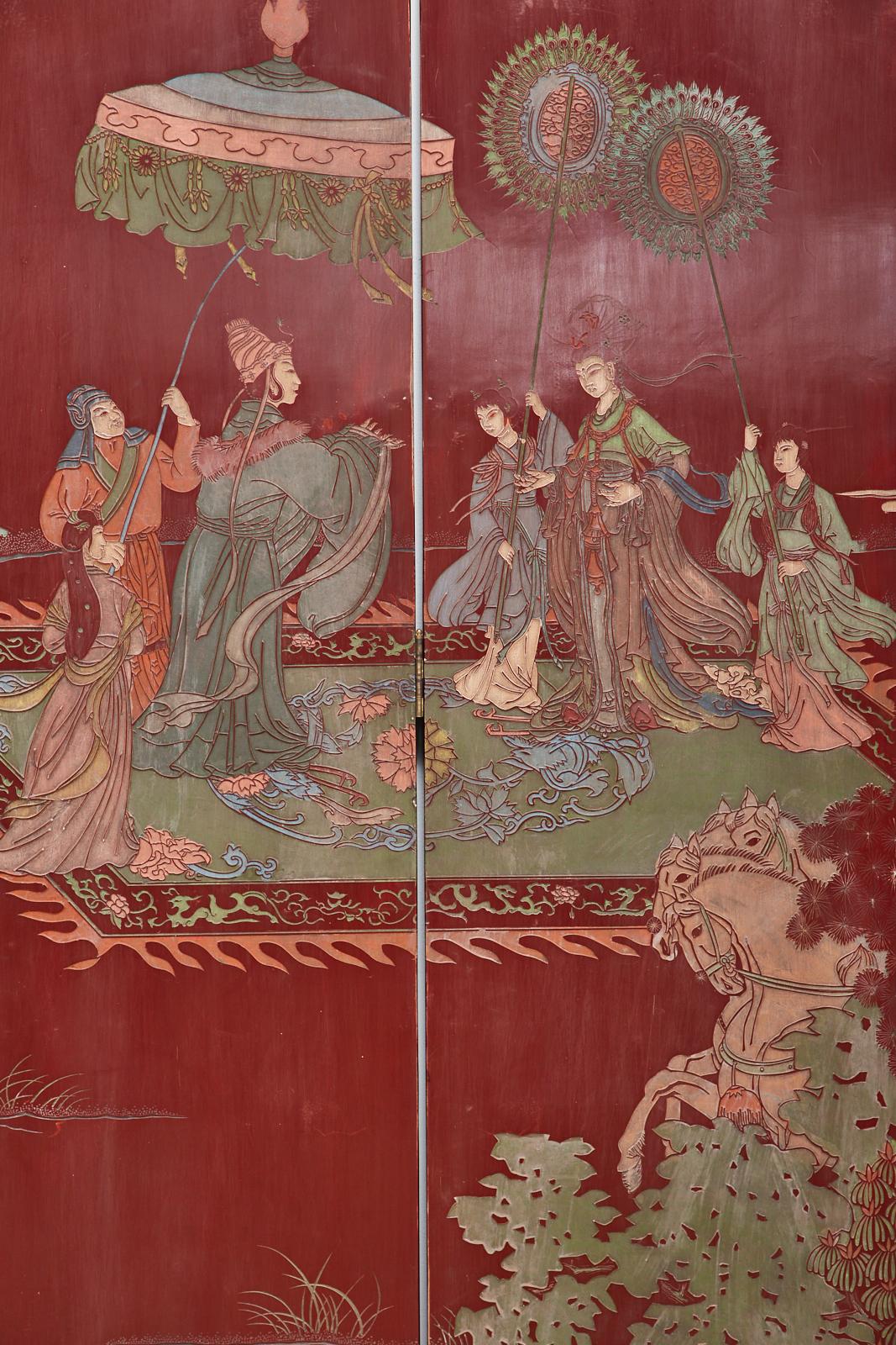 Chinese Twelve-Panel Red Lacquer Coromandel Screen of Xiwangmu For Sale 8