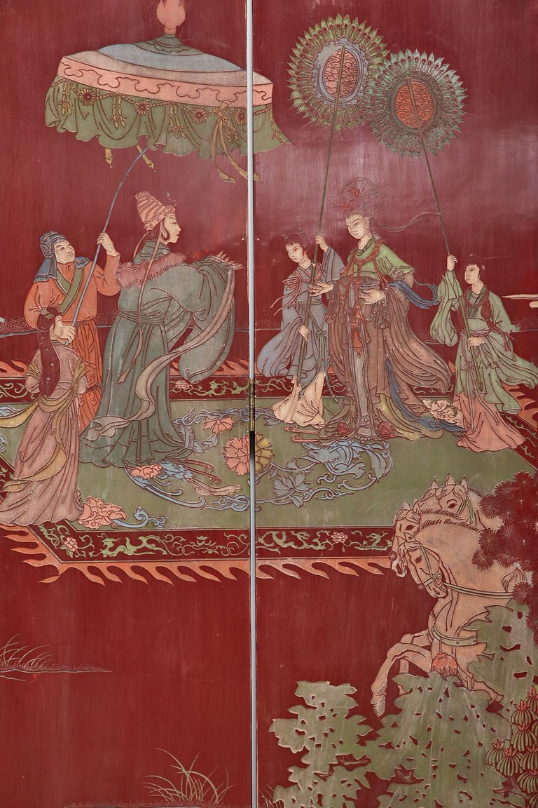 Chinese Twelve-Panel Red Lacquer Coromandel Screen of Xiwangmu For Sale 8