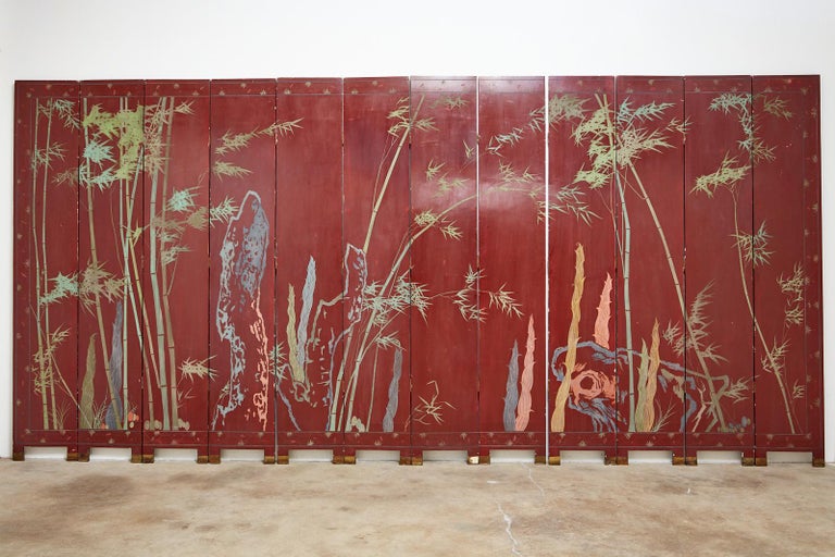 Chinese Twelve-Panel Red Lacquer Coromandel Screen of Xiwangmu For Sale 12