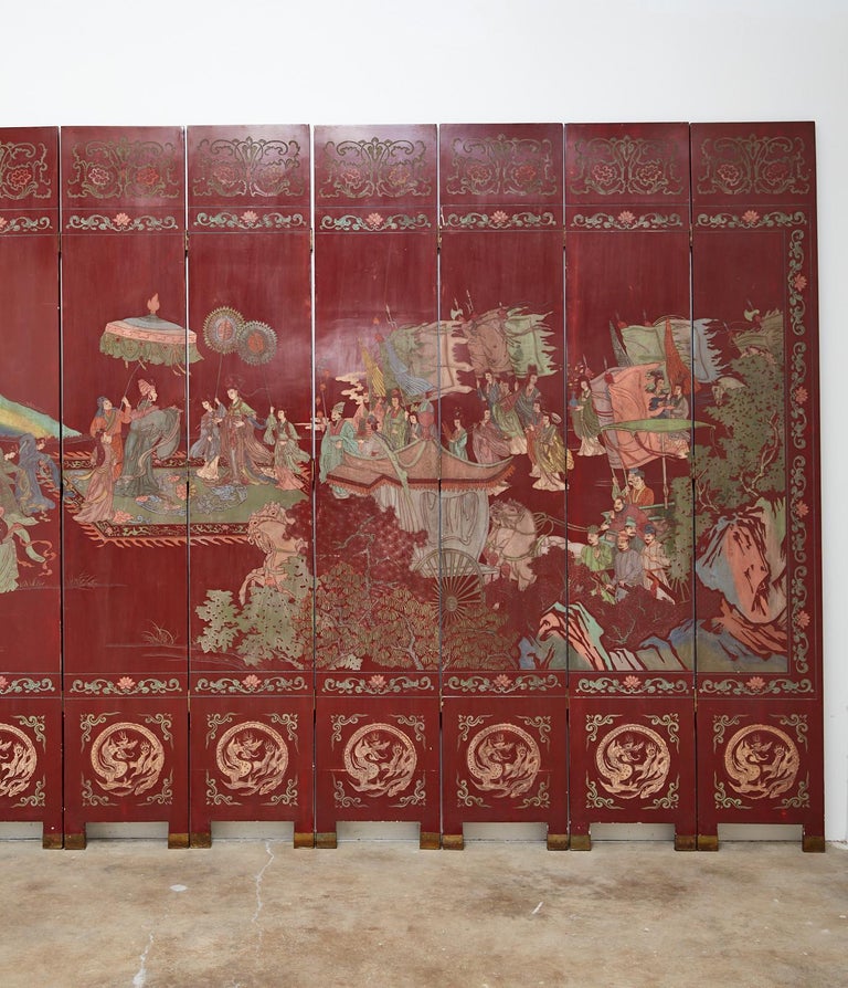 Lacquered Chinese Twelve-Panel Red Lacquer Coromandel Screen of Xiwangmu For Sale