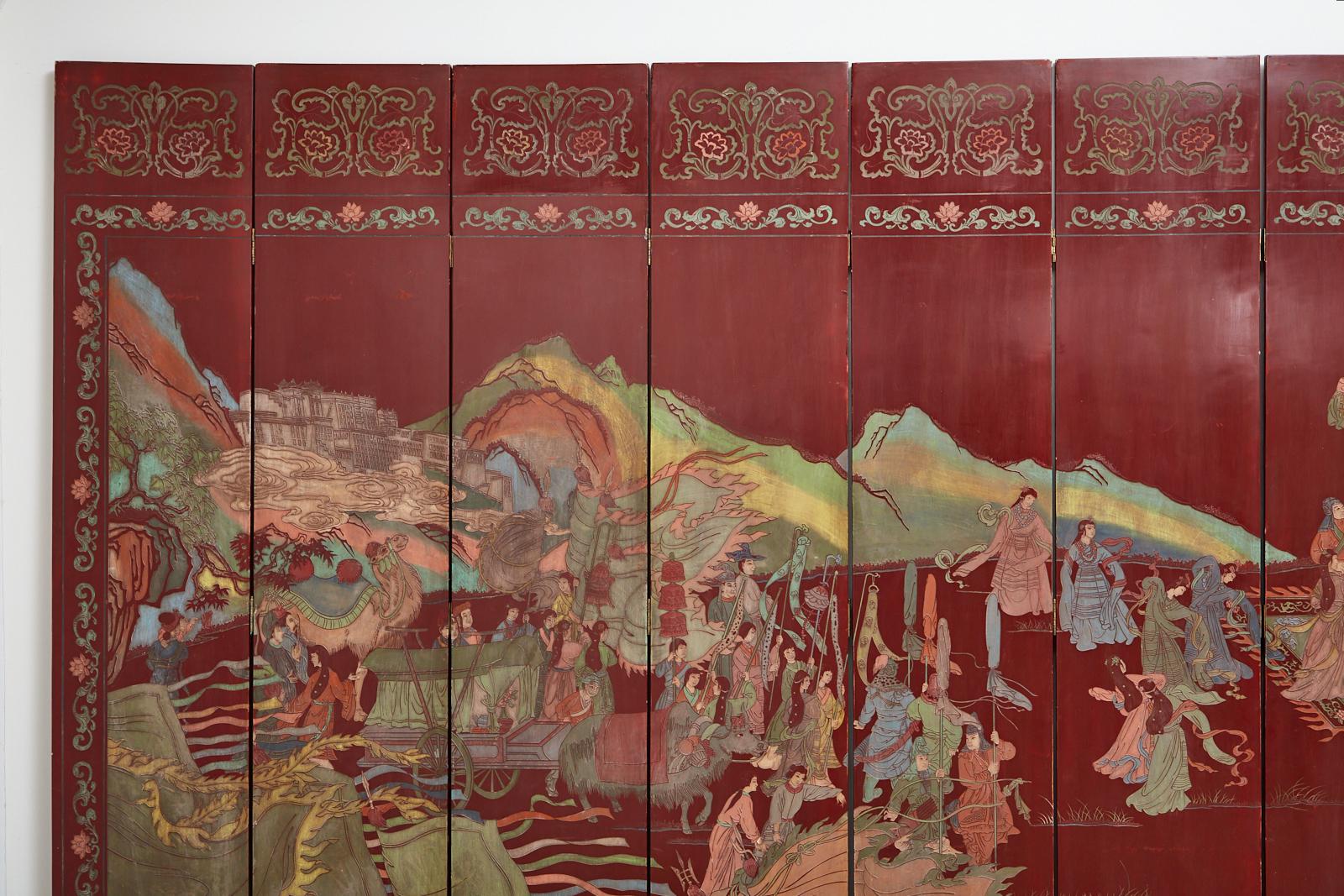 Laqué Paravent chinois à douze panneaux en laque rouge de Coromandel de Xiwangmu en vente