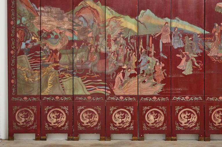 20th Century Chinese Twelve-Panel Red Lacquer Coromandel Screen of Xiwangmu For Sale