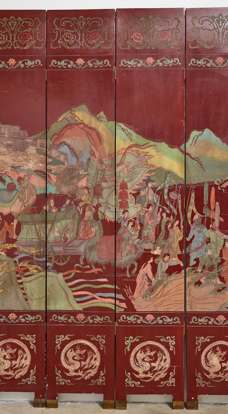 Chinese Twelve-Panel Red Lacquer Coromandel Screen of Xiwangmu For Sale 1