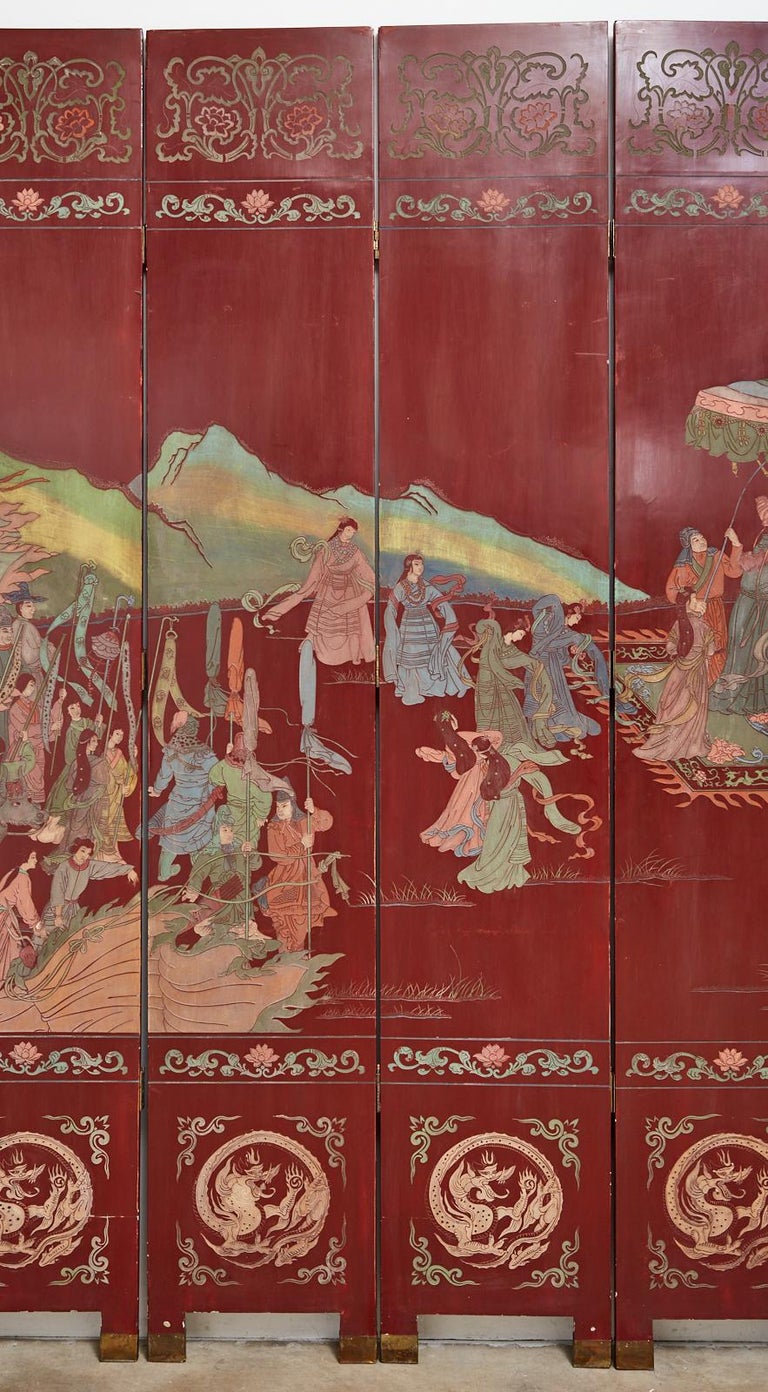 Chinese Twelve-Panel Red Lacquer Coromandel Screen of Xiwangmu For Sale 2