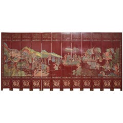 Used Chinese Twelve-Panel Red Lacquer Coromandel Screen of Xiwangmu
