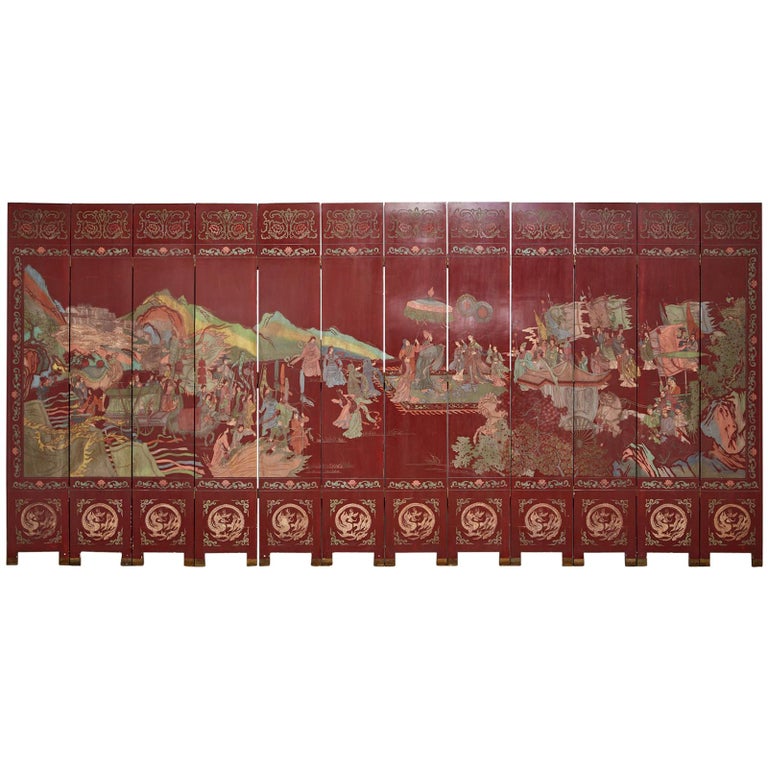 Chinese Twelve-Panel Red Lacquer Coromandel Screen of Xiwangmu For Sale