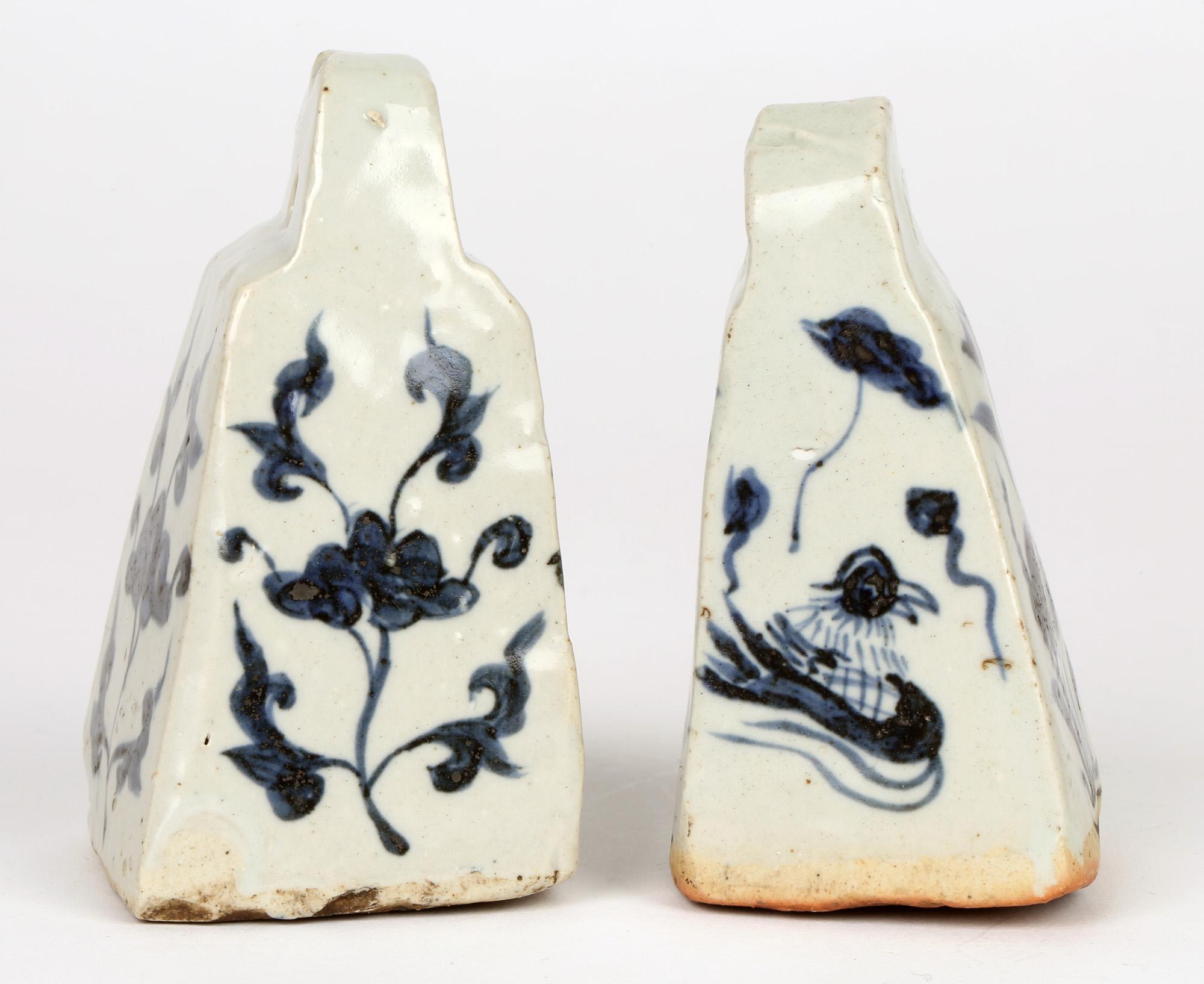 Hand-Crafted Chinese Two Blue & White Porcelain Glazed Yuan-Style Weights For Sale