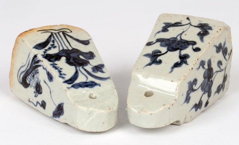 19th Century Chinese Two Blue & White Porcelain Glazed Yuan-Style Weights For Sale