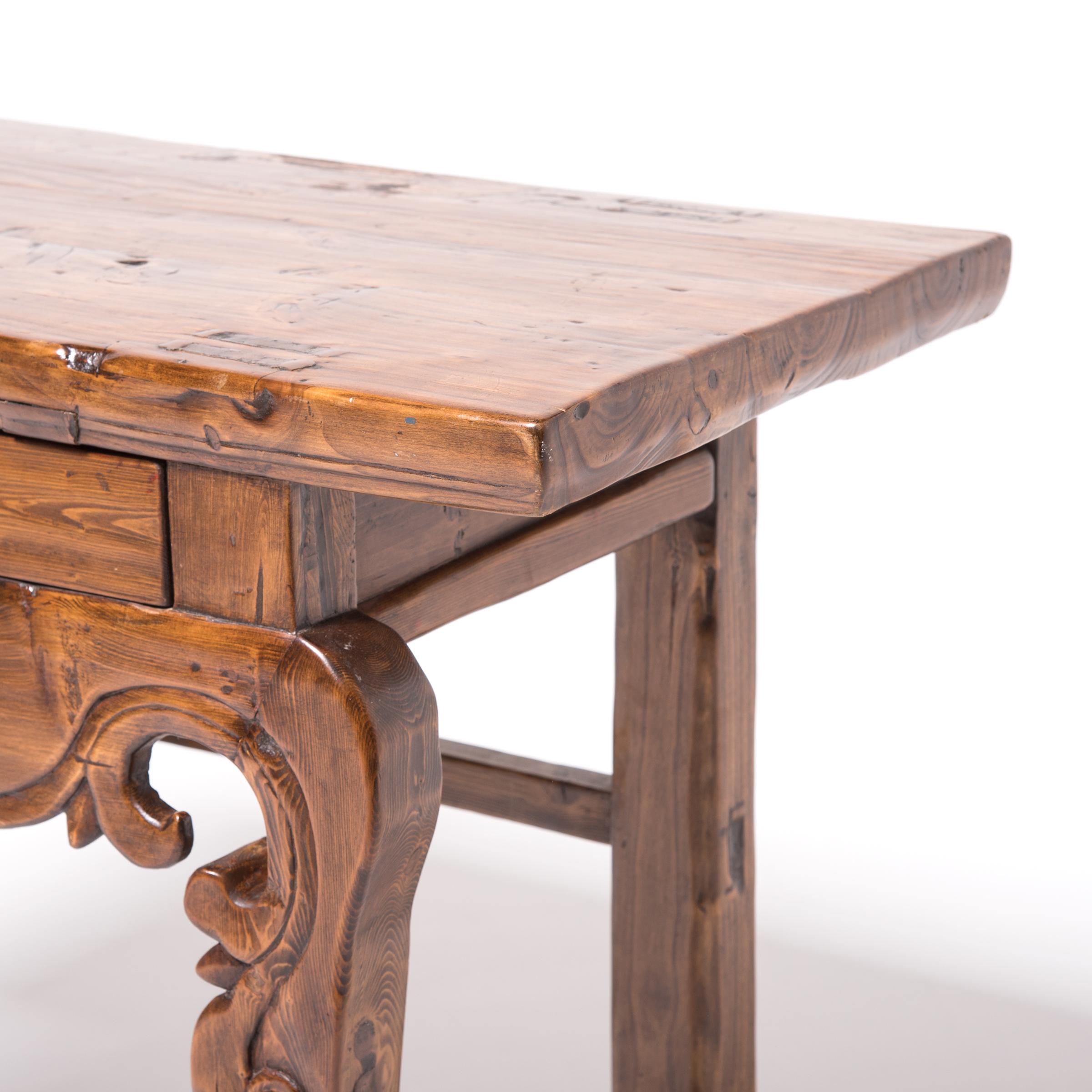 Pine Chinese Two-Drawer Carved Altar Table, c. 1850 For Sale