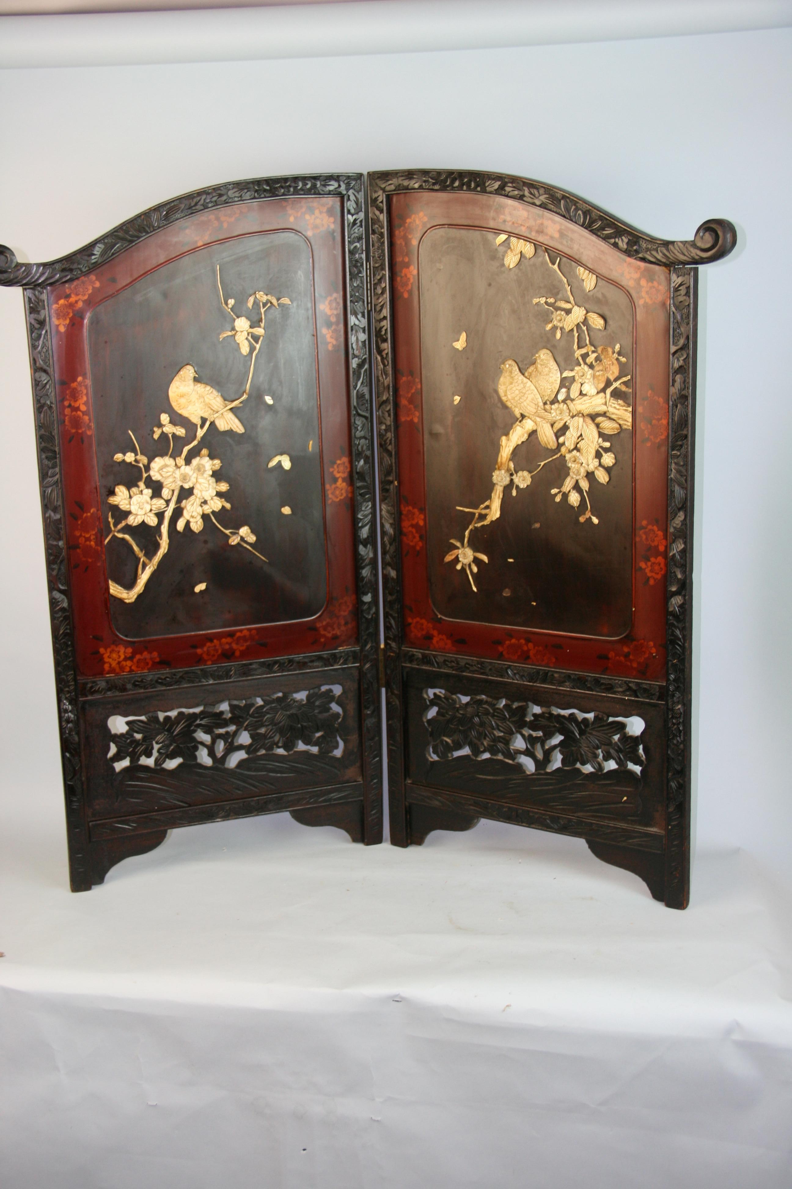 Chinese Two Panel Carved  Painted Screen Bone Wood 1920's In Good Condition For Sale In Douglas Manor, NY