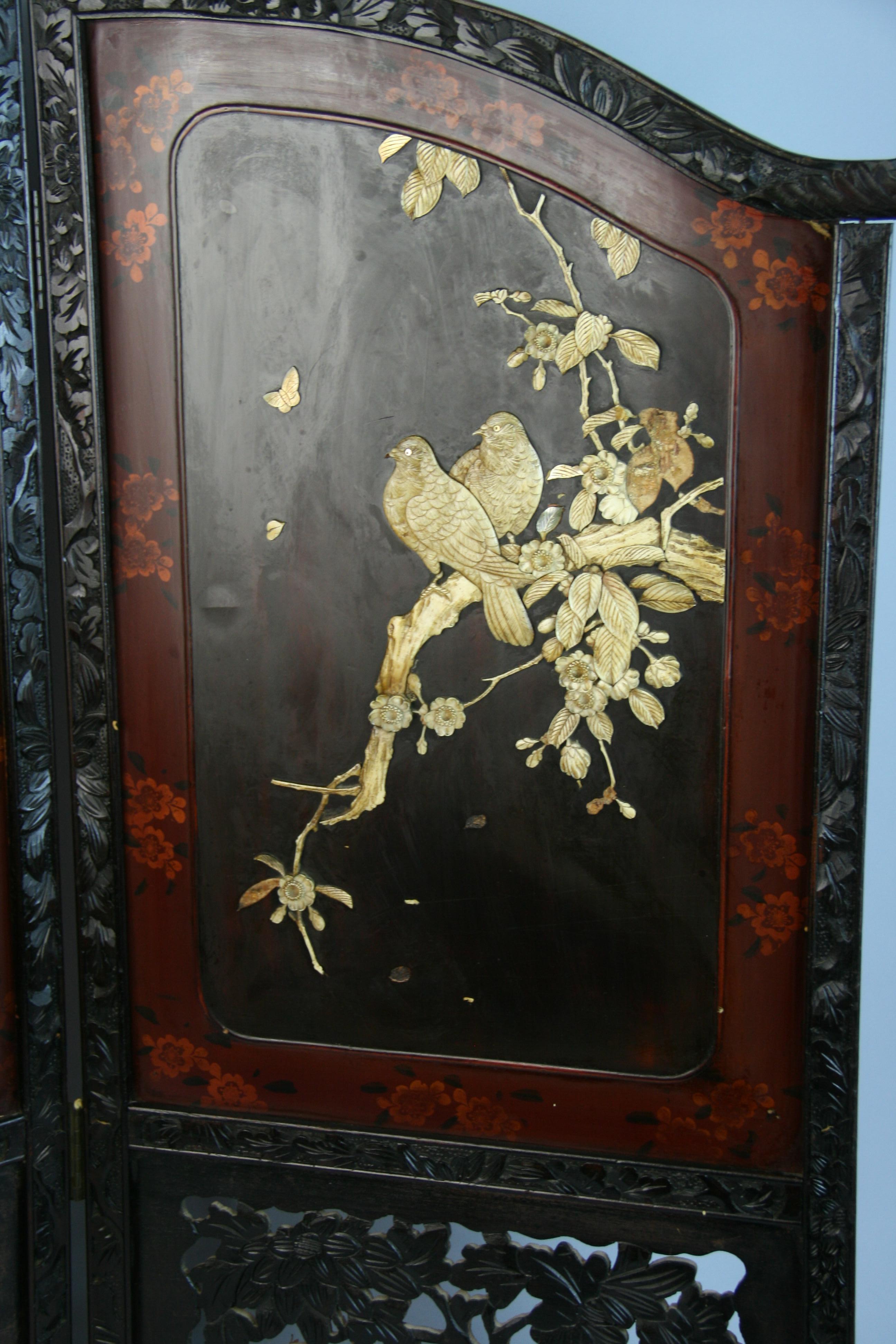 Chinese Two Panel Carved  Painted Screen Bone Wood 1920's For Sale 1