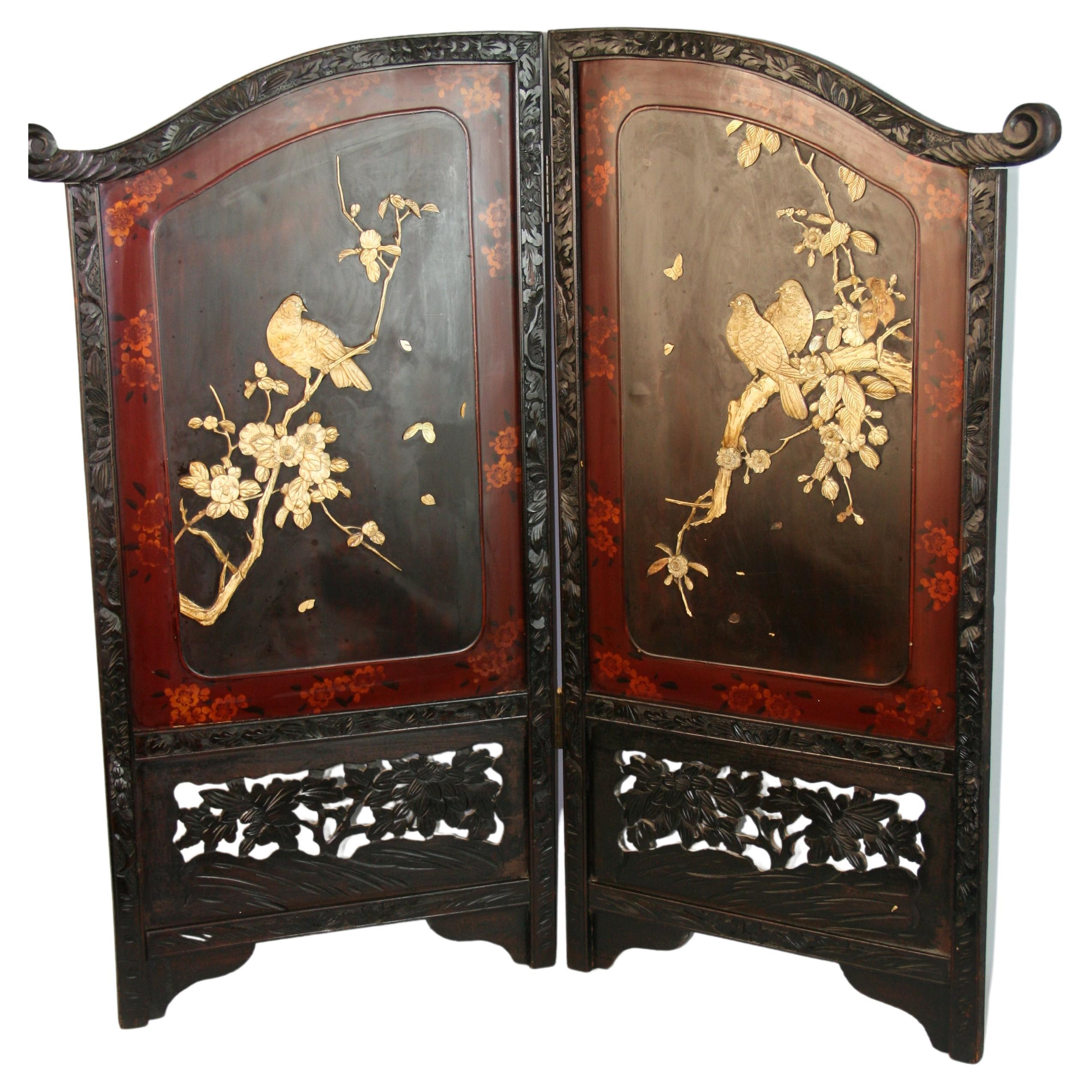 Chinese Two Panel Carved  Painted Screen Bone Wood 1920's For Sale