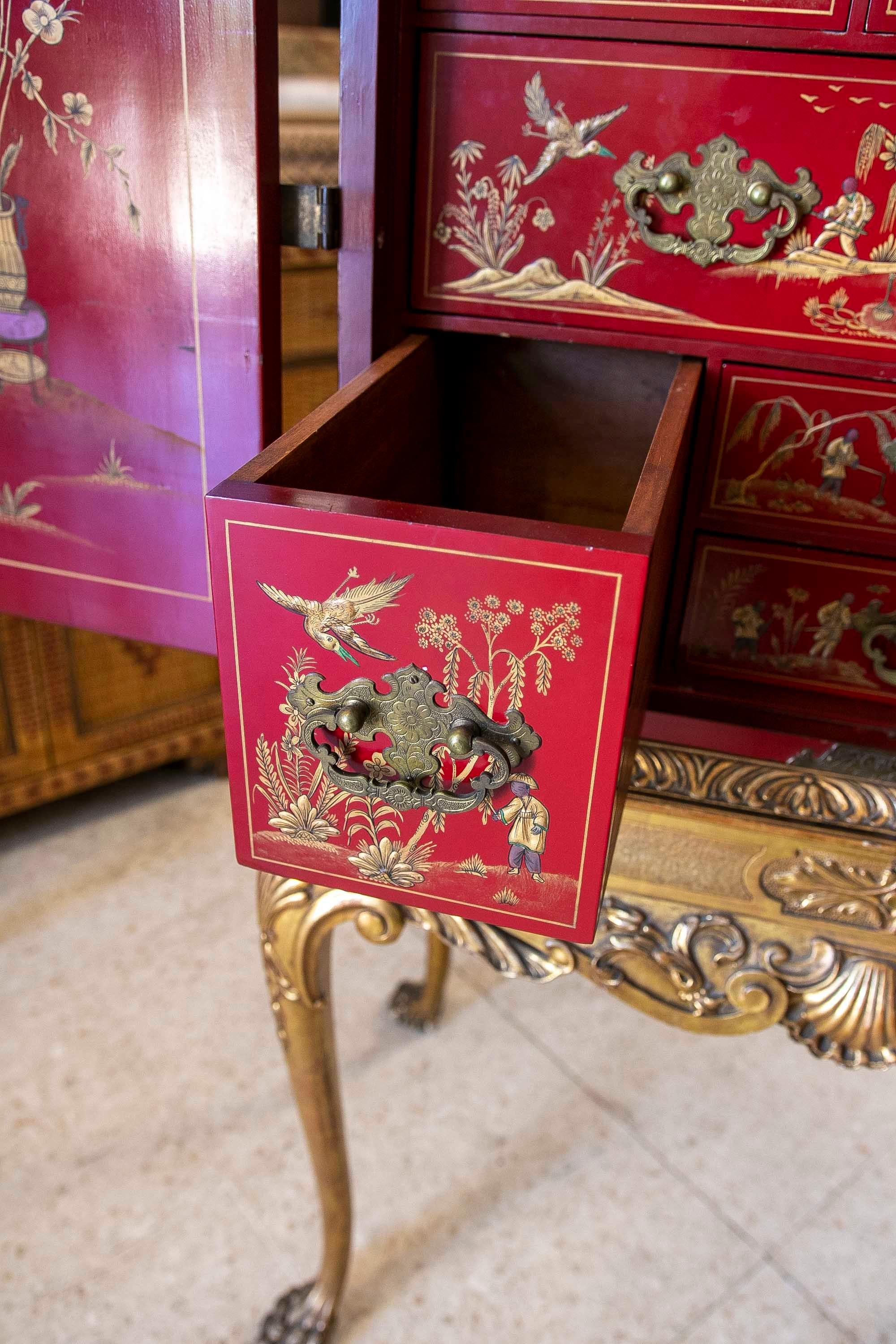 Meuble chinois en deux parties avec table et armoire à portes et tiroirs  en vente 9