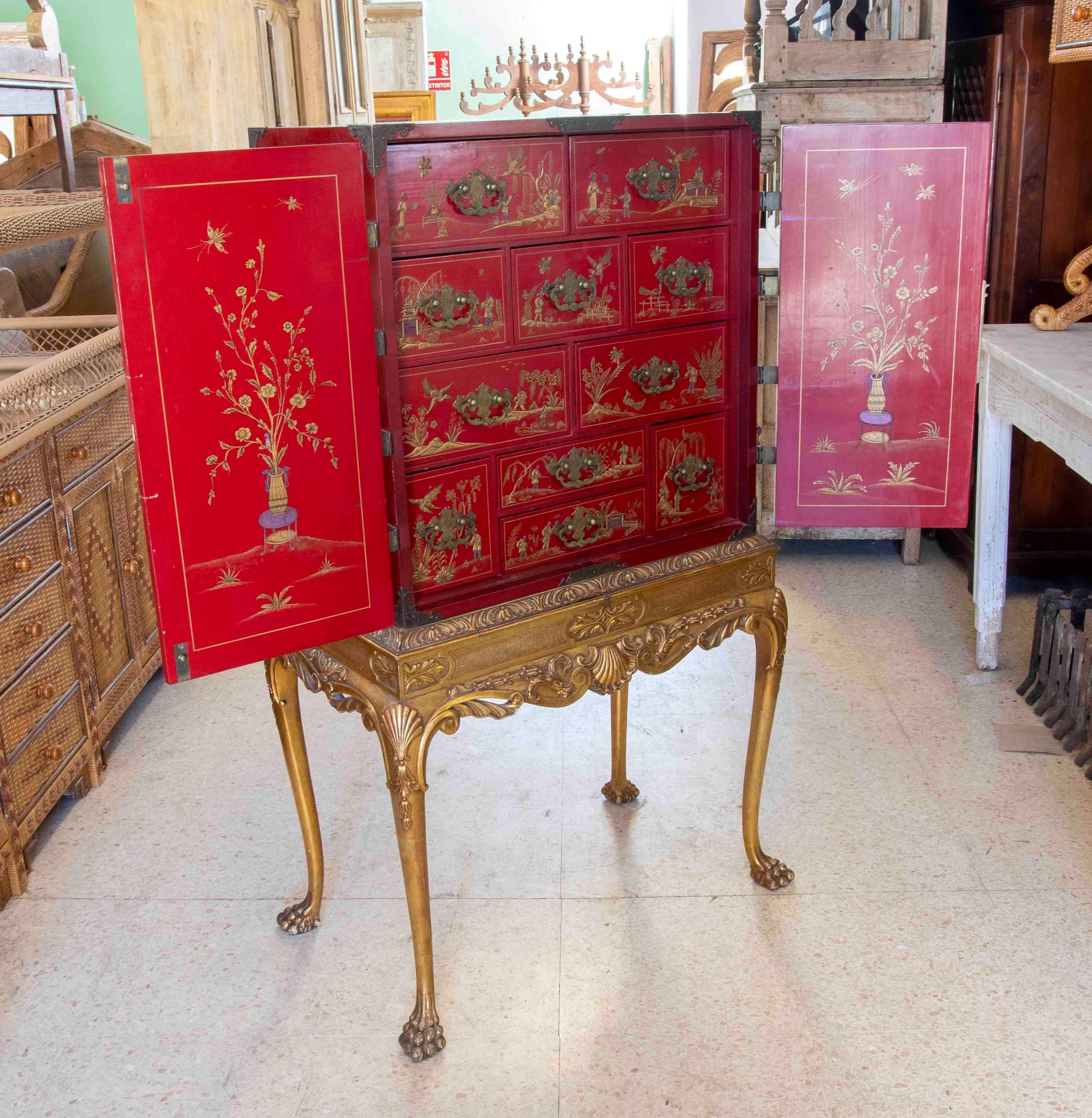 Chinoiserie Chinese Two-Pieces Furniture with Table and Cupboard with Doors and Drawers  For Sale
