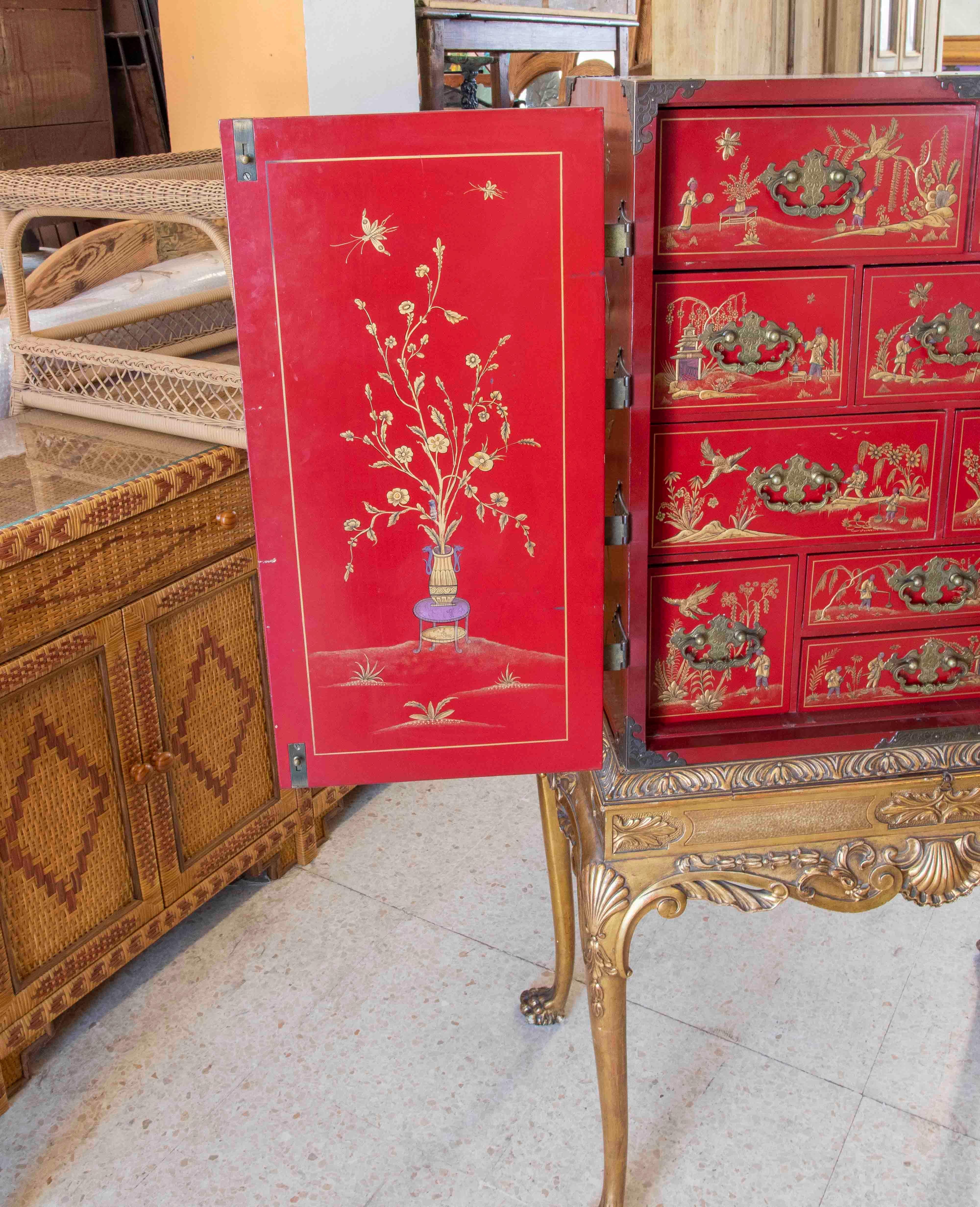 English Chinese Two-Pieces Furniture with Table and Cupboard with Doors and Drawers  For Sale