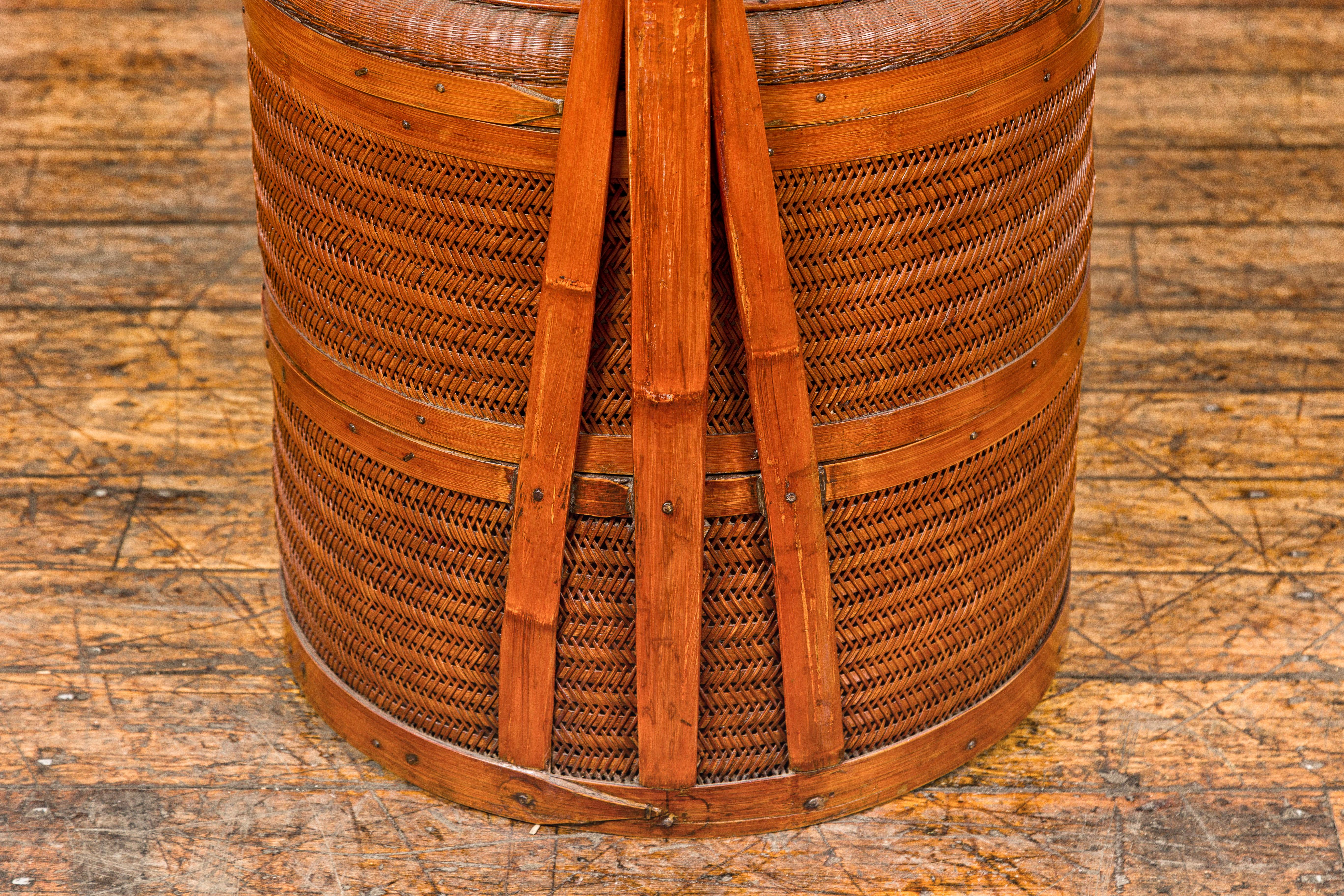 Chinese Two-Tiered Bamboo and Rattan Lidded Food Basket with Large Handle For Sale 5