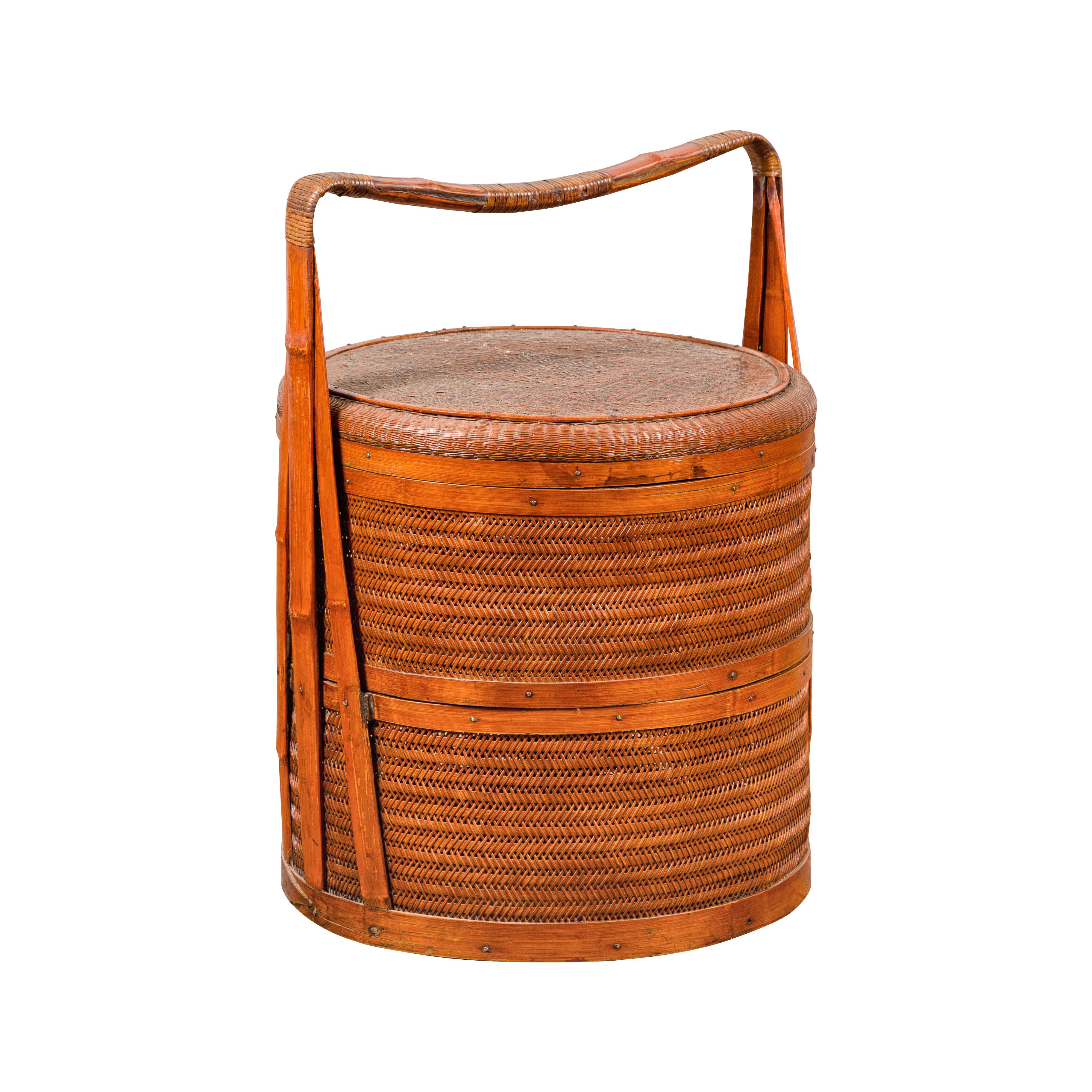 Chinese Two-Tiered Bamboo and Rattan Lidded Food Basket with Large Handle For Sale 13