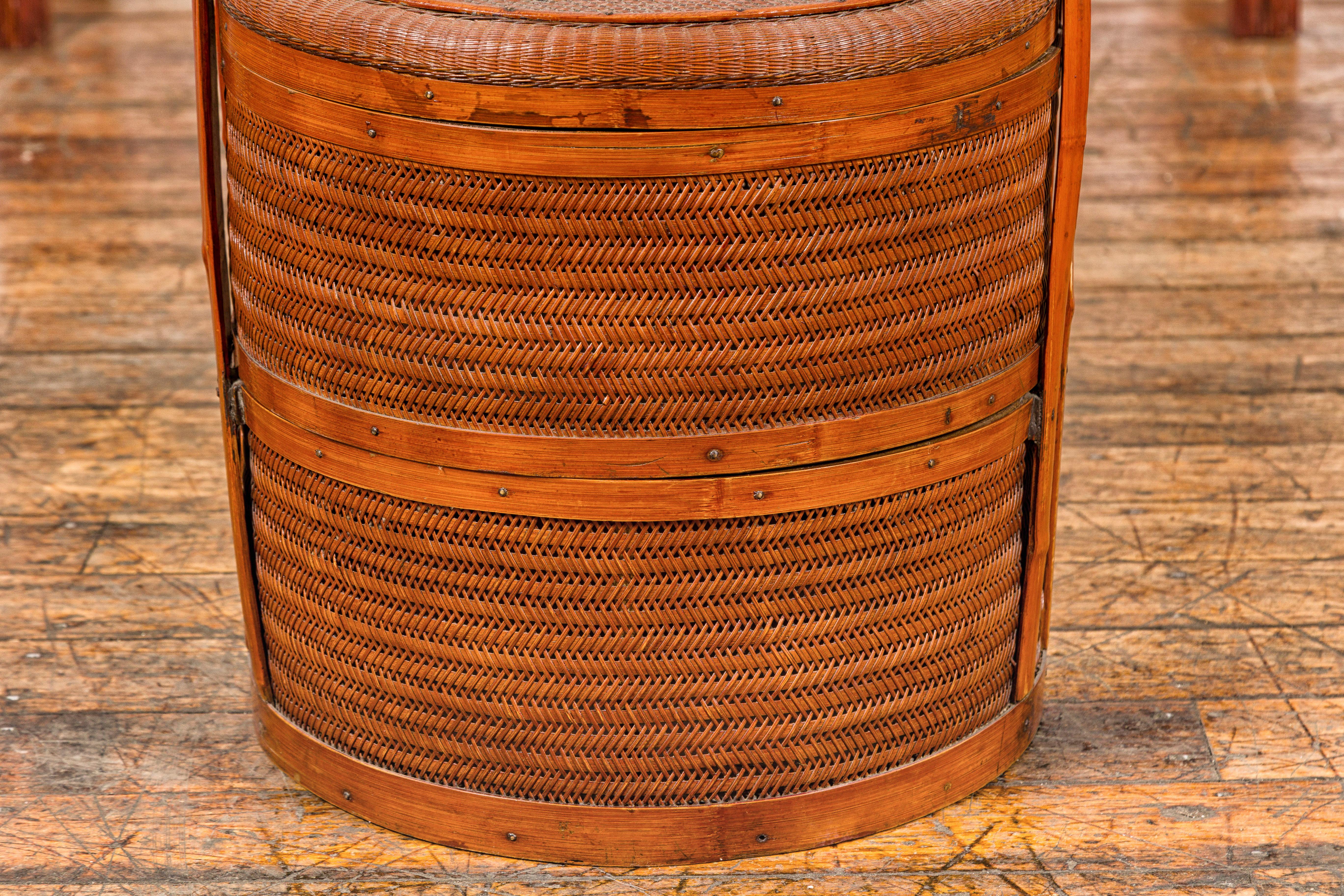 20th Century Chinese Two-Tiered Bamboo and Rattan Lidded Food Basket with Large Handle For Sale
